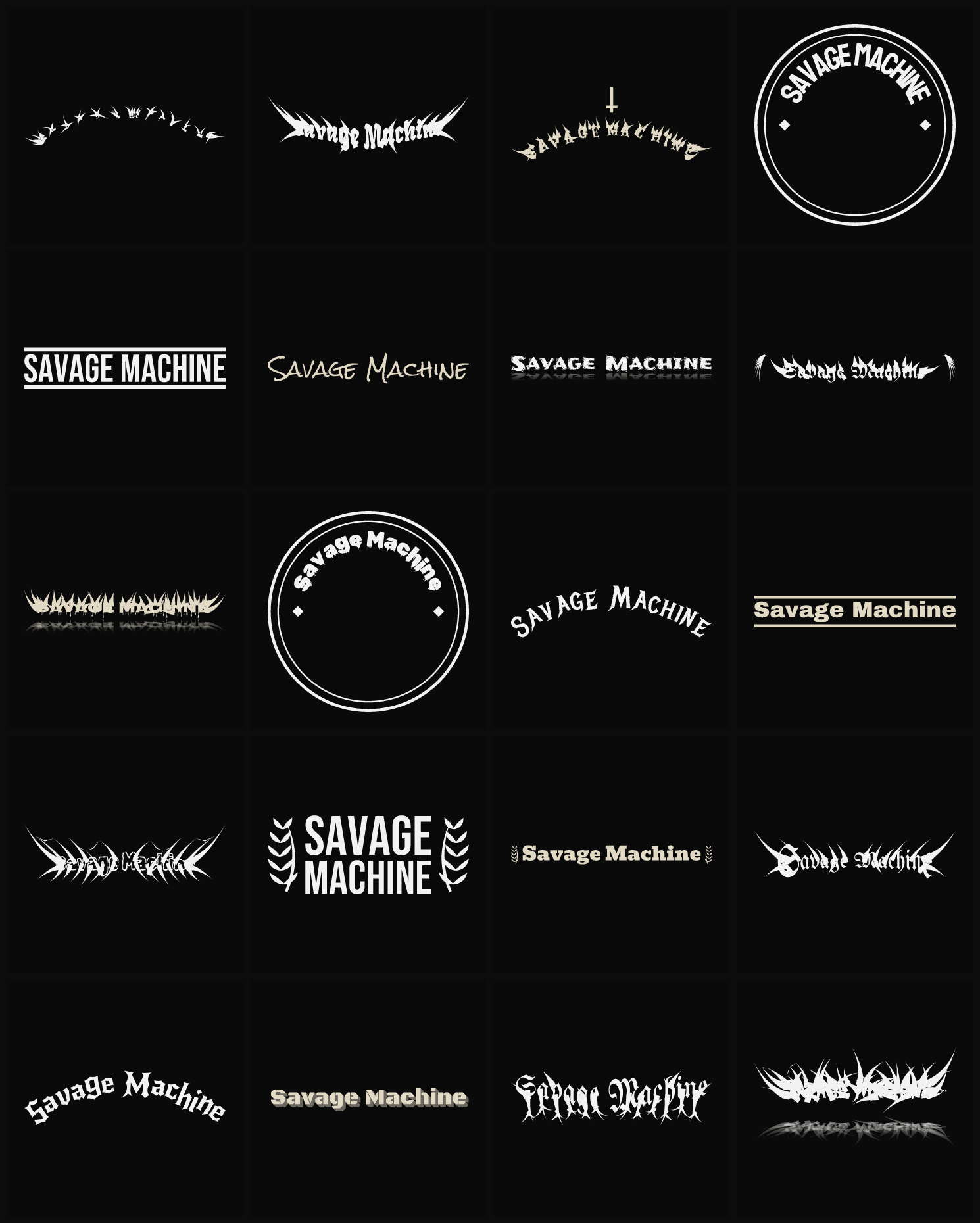 Twenty Savage Machine band logo ideas — different faces, treatments and spike settings