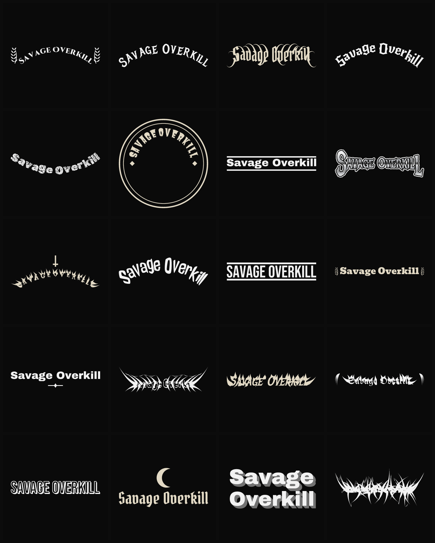 Twenty Savage Overkill band logo ideas — different faces, treatments and spike settings