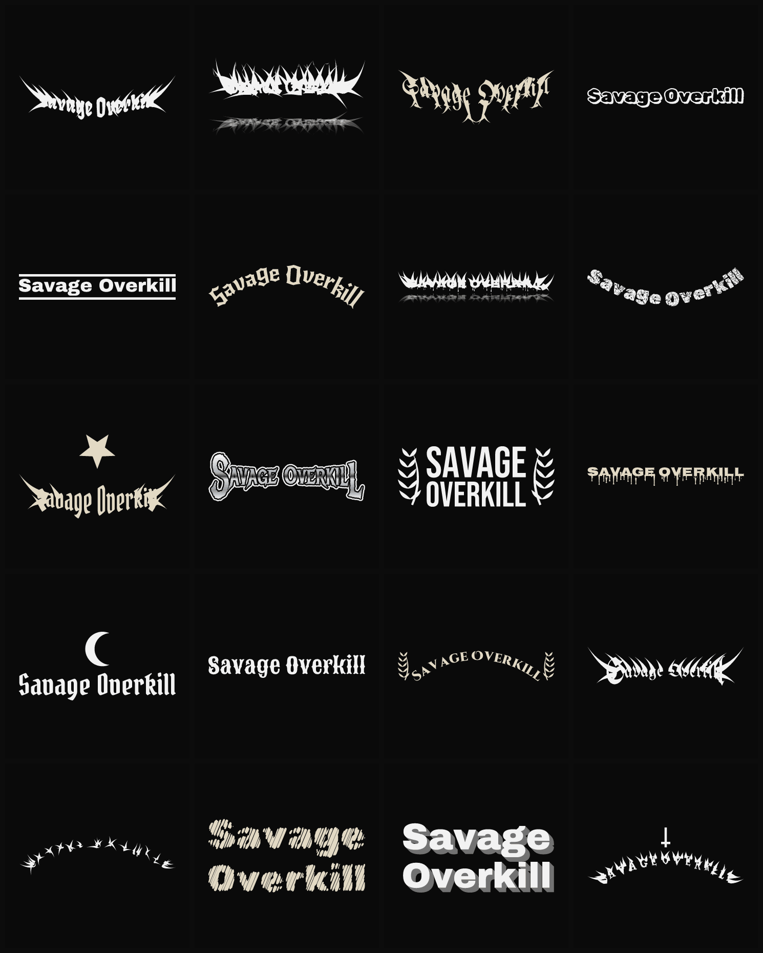 Twenty Savage Overkill band logo ideas — different faces, treatments and spike settings