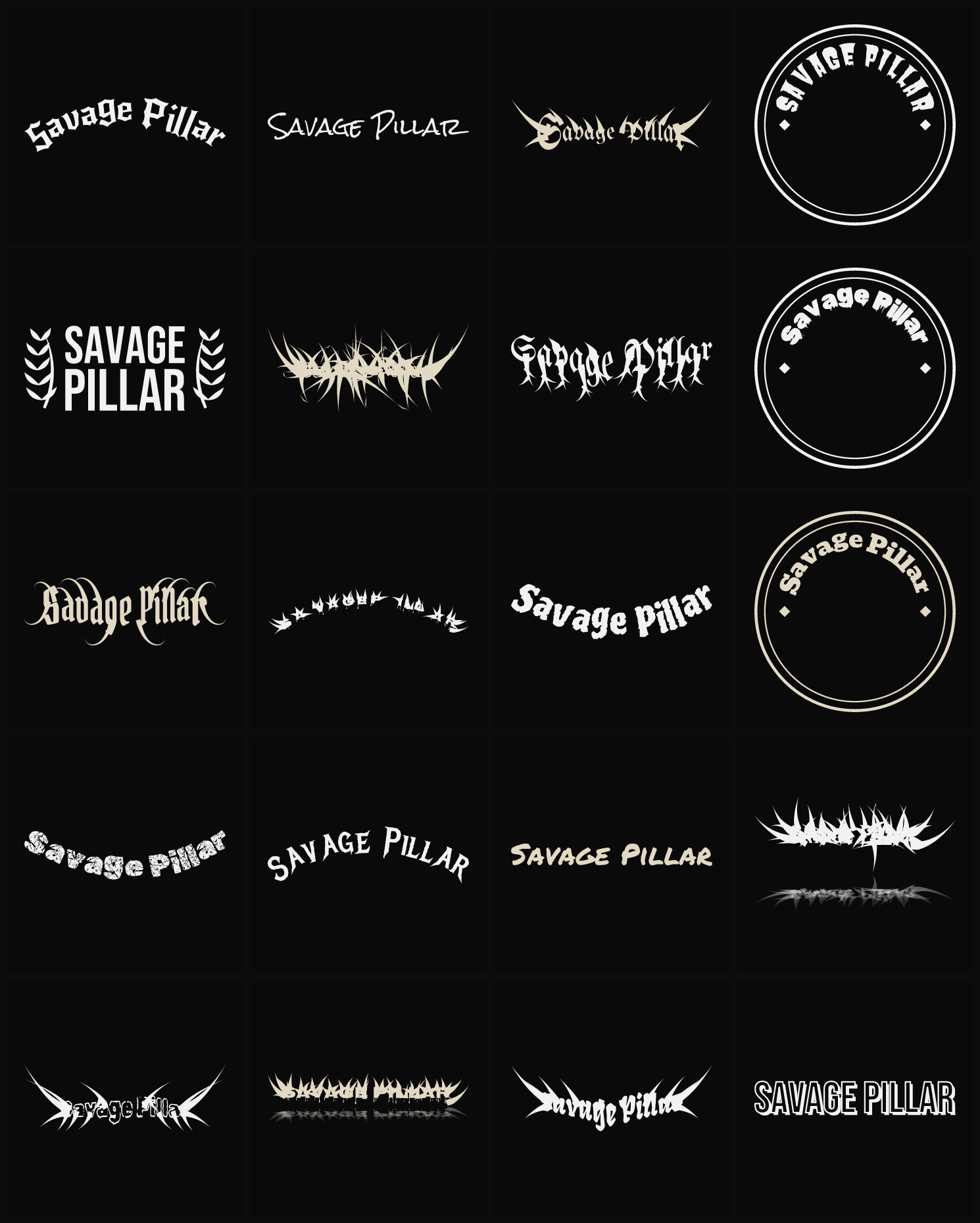 Twenty Savage Pillar band logo ideas — different faces, treatments and spike settings