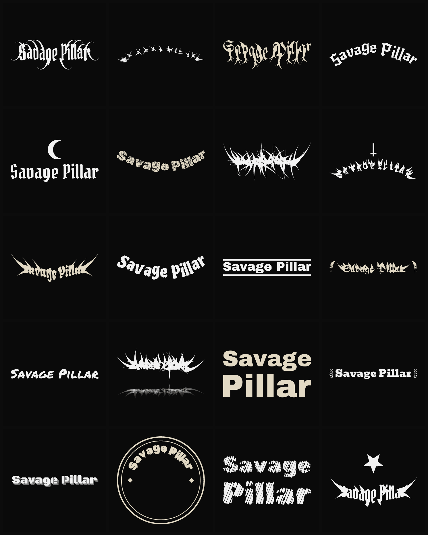 Twenty Savage Pillar band logo ideas — different faces, treatments and spike settings