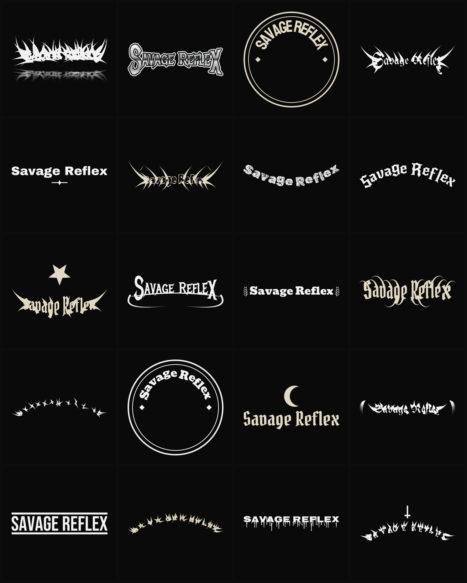 Twenty Savage Reflex band logo ideas — different faces, treatments and spike settings