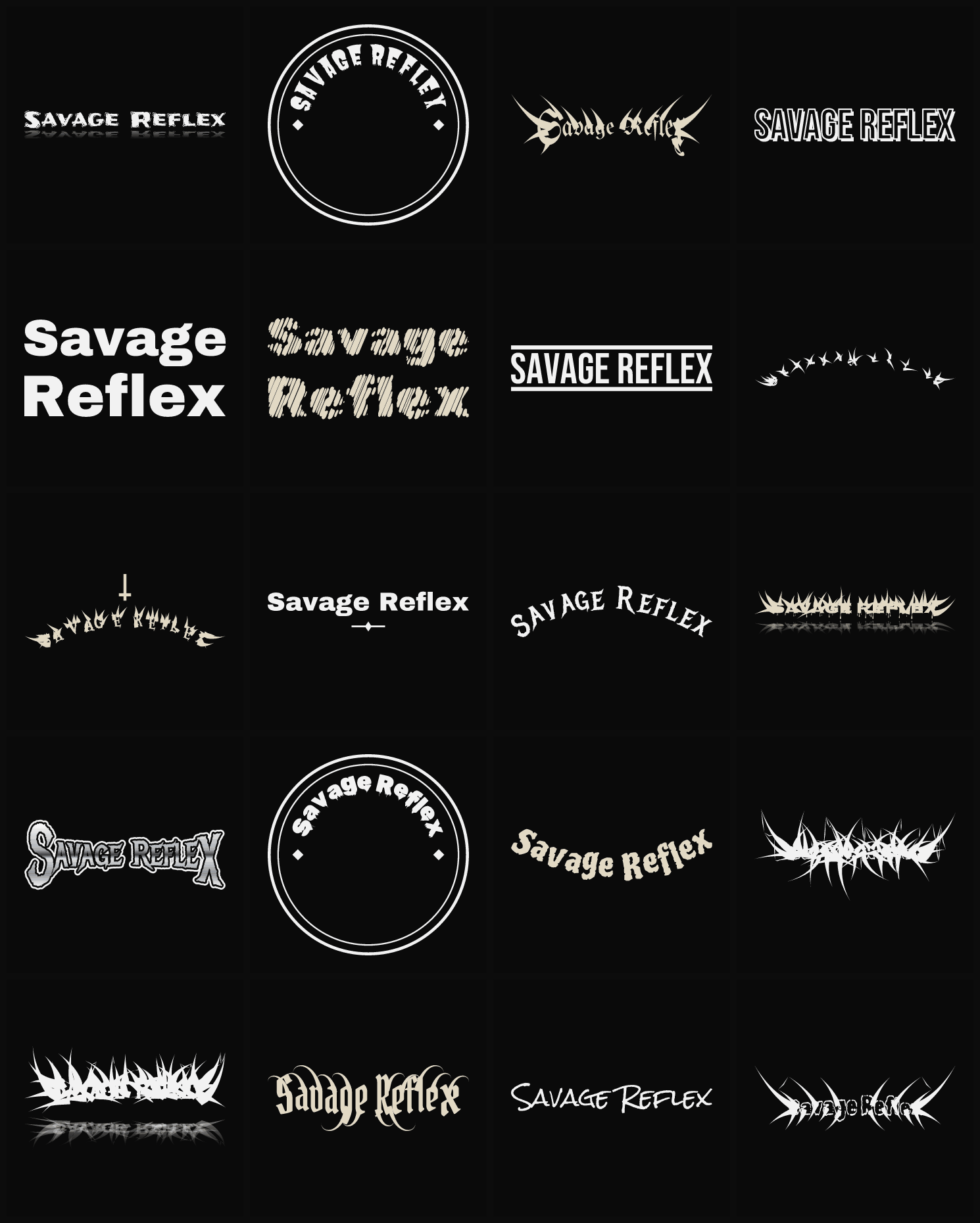 Twenty Savage Reflex band logo ideas — different faces, treatments and spike settings
