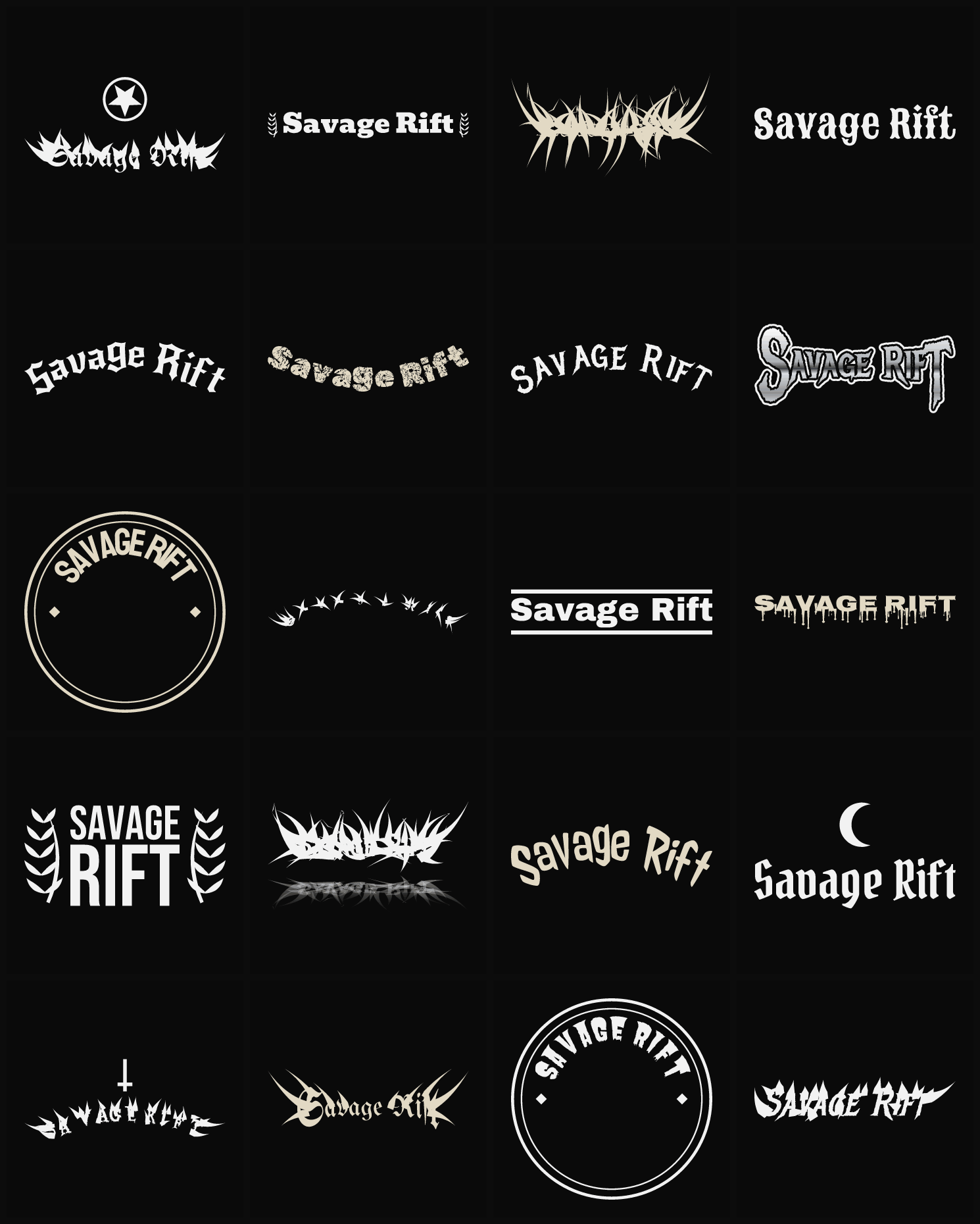 Twenty Savage Rift band logo ideas — different faces, treatments and spike settings