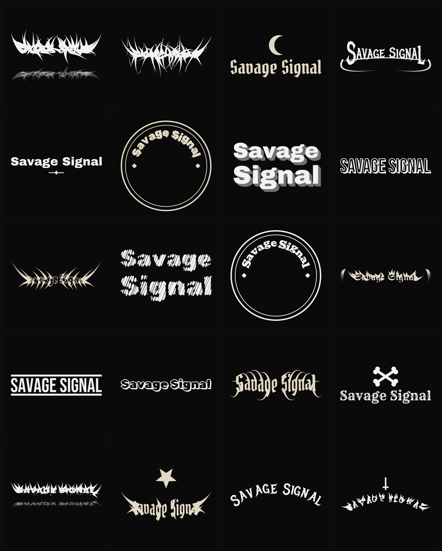 Twenty Savage Signal band logo ideas — different faces, treatments and spike settings