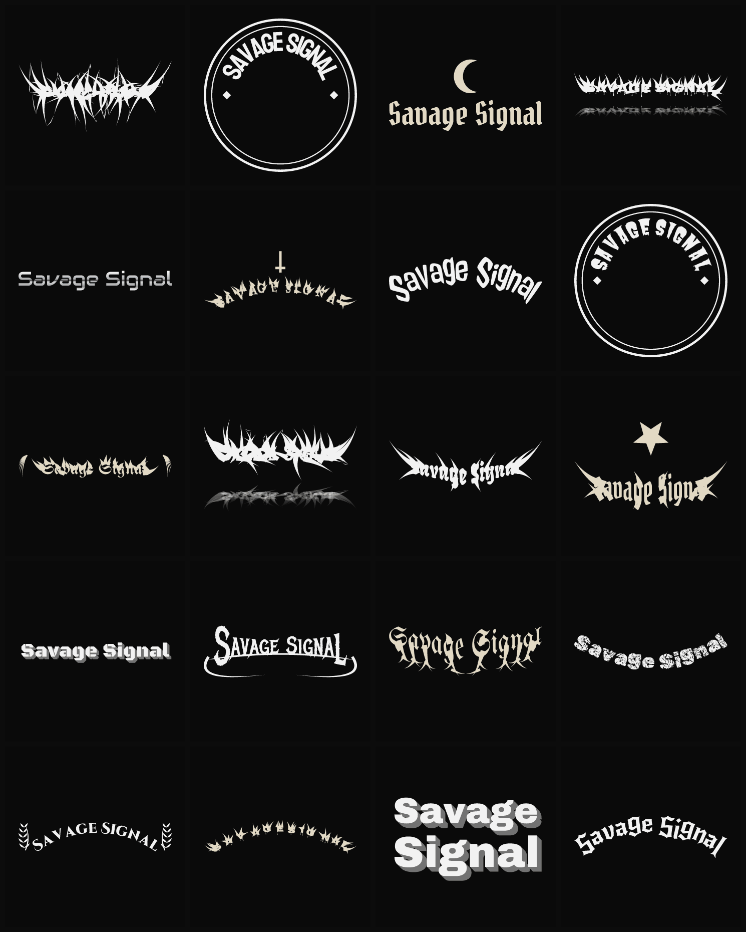 Twenty Savage Signal band logo ideas — different faces, treatments and spike settings