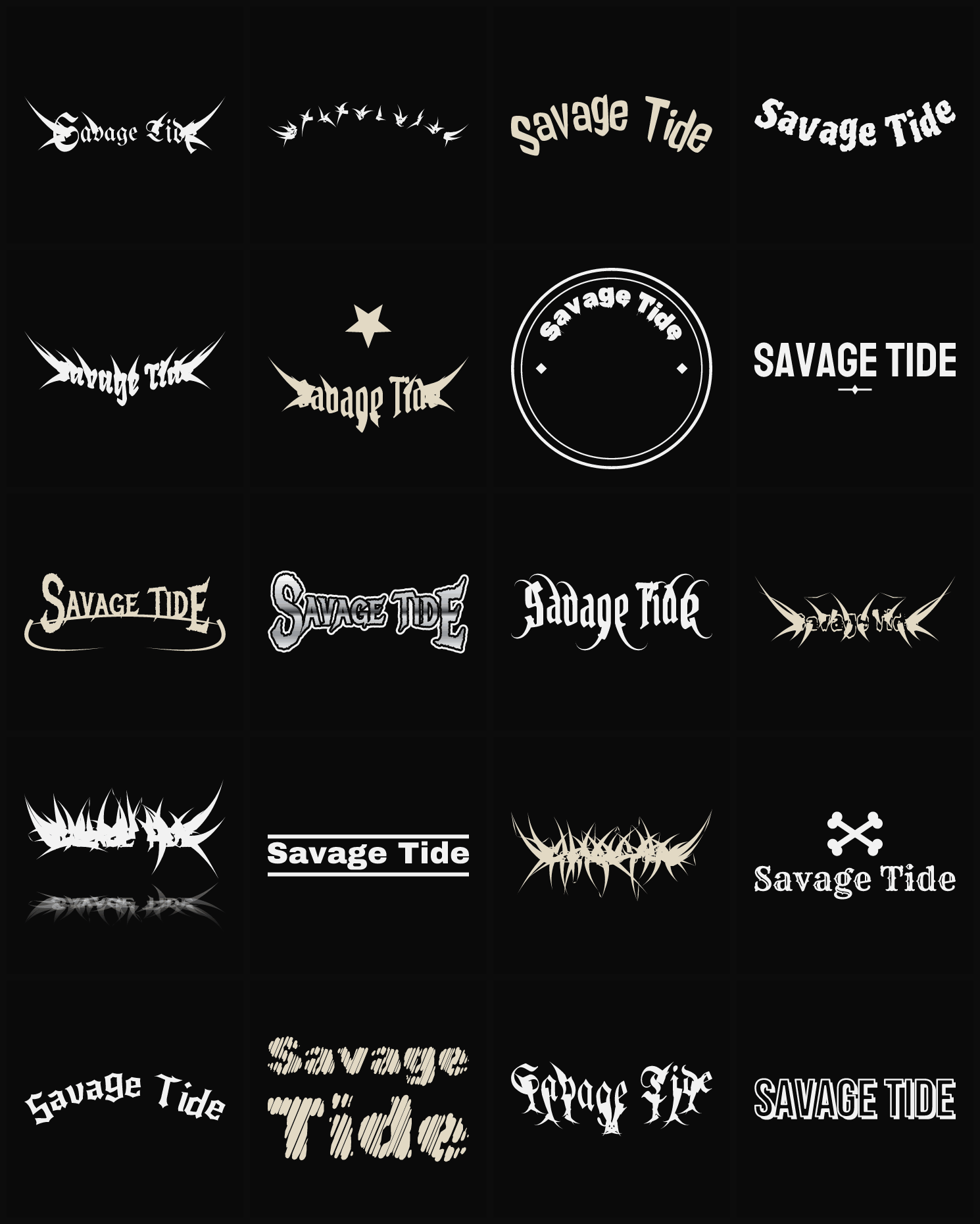 Twenty Savage Tide band logo ideas — different faces, treatments and spike settings