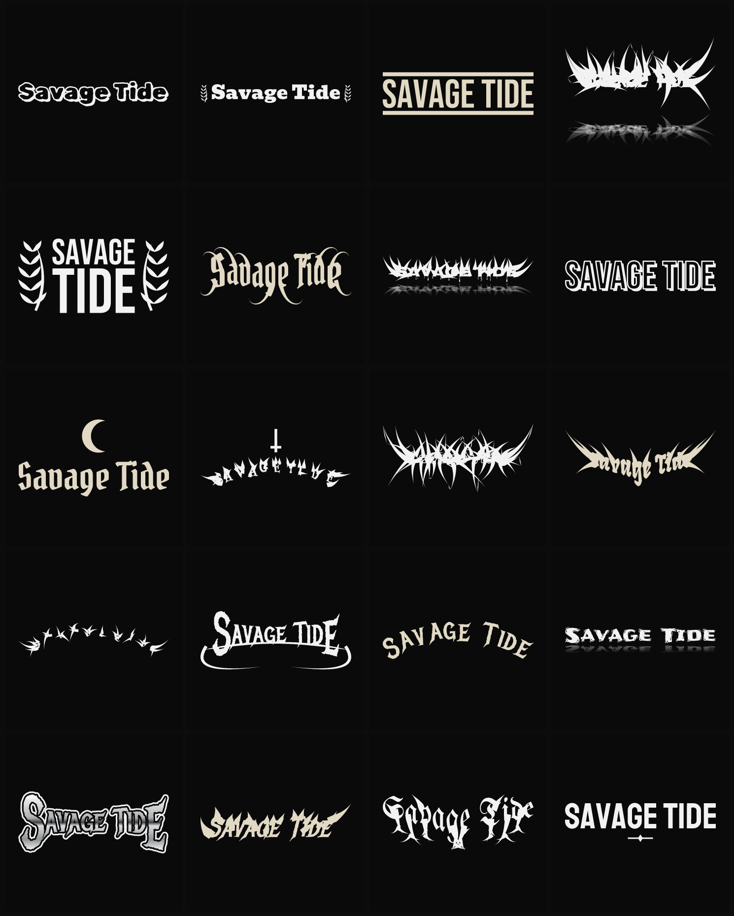 Twenty Savage Tide band logo ideas — different faces, treatments and spike settings