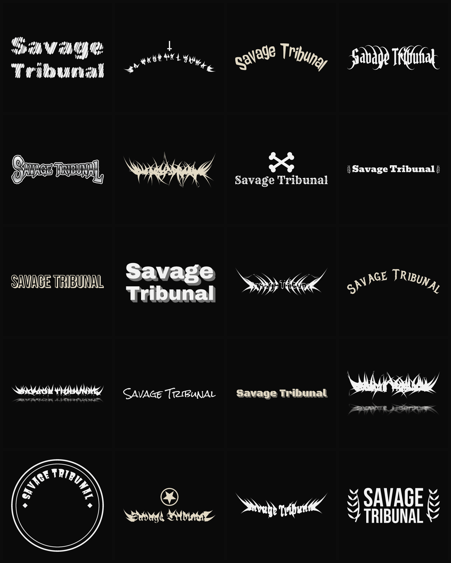 Twenty Savage Tribunal band logo ideas — different faces, treatments and spike settings