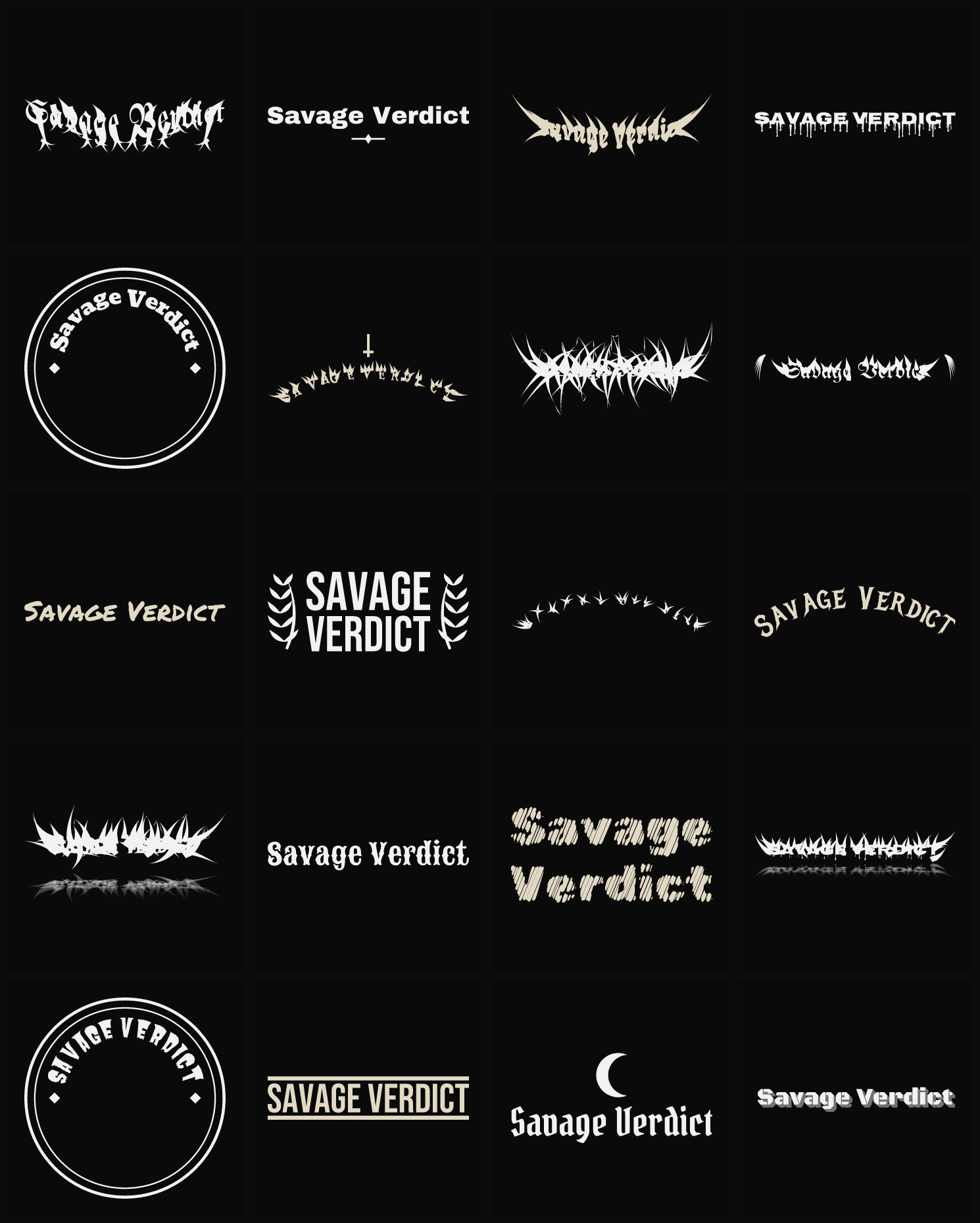 Twenty Savage Verdict band logo ideas — different faces, treatments and spike settings