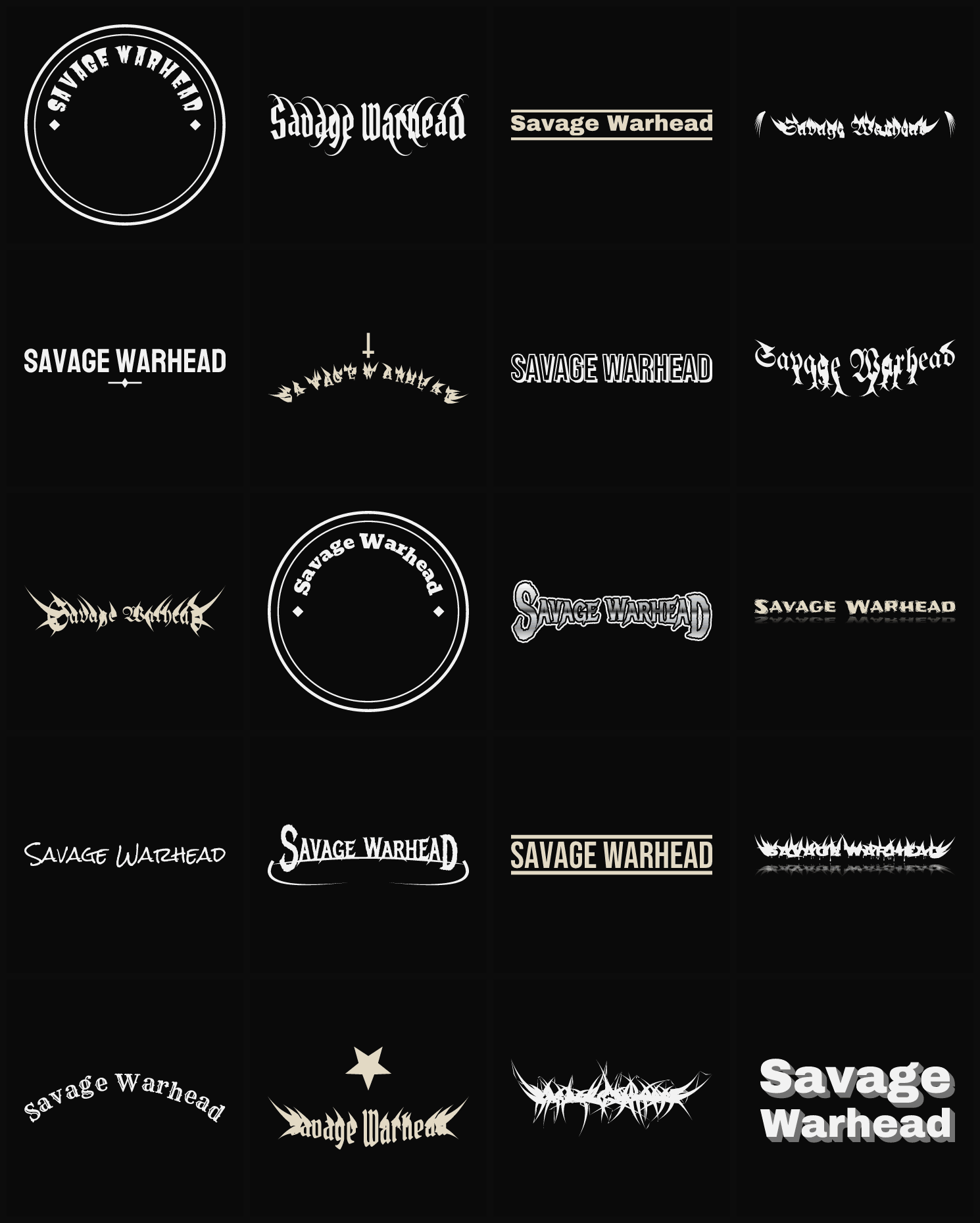 Twenty Savage Warhead band logo ideas — different faces, treatments and spike settings