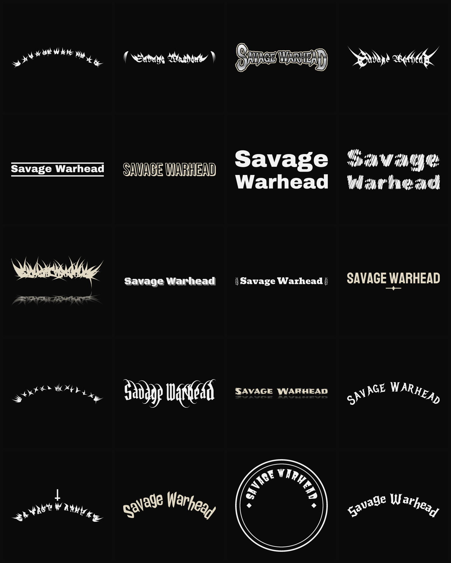 Twenty Savage Warhead band logo ideas — different faces, treatments and spike settings