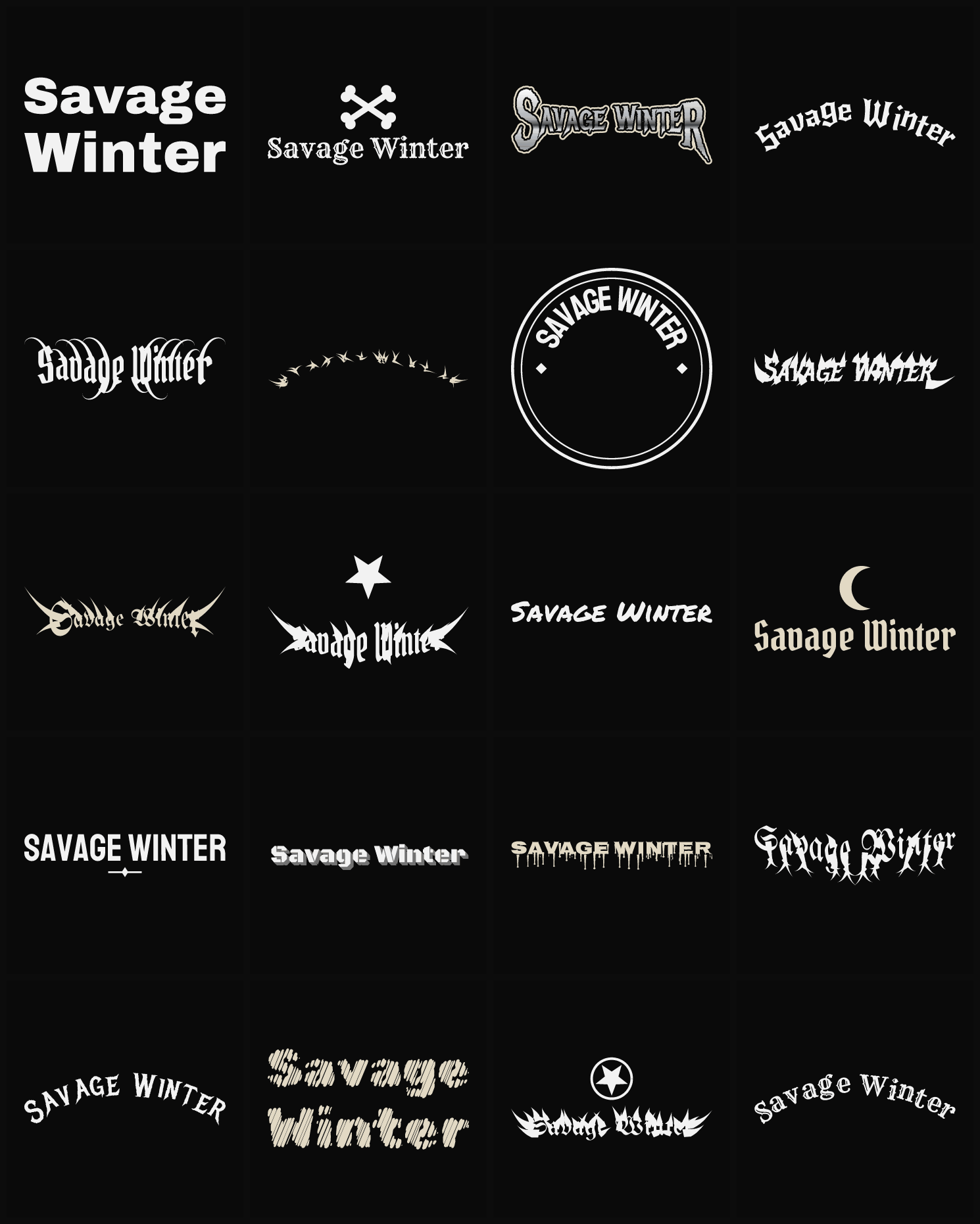 Twenty Savage Winter band logo ideas — different faces, treatments and spike settings