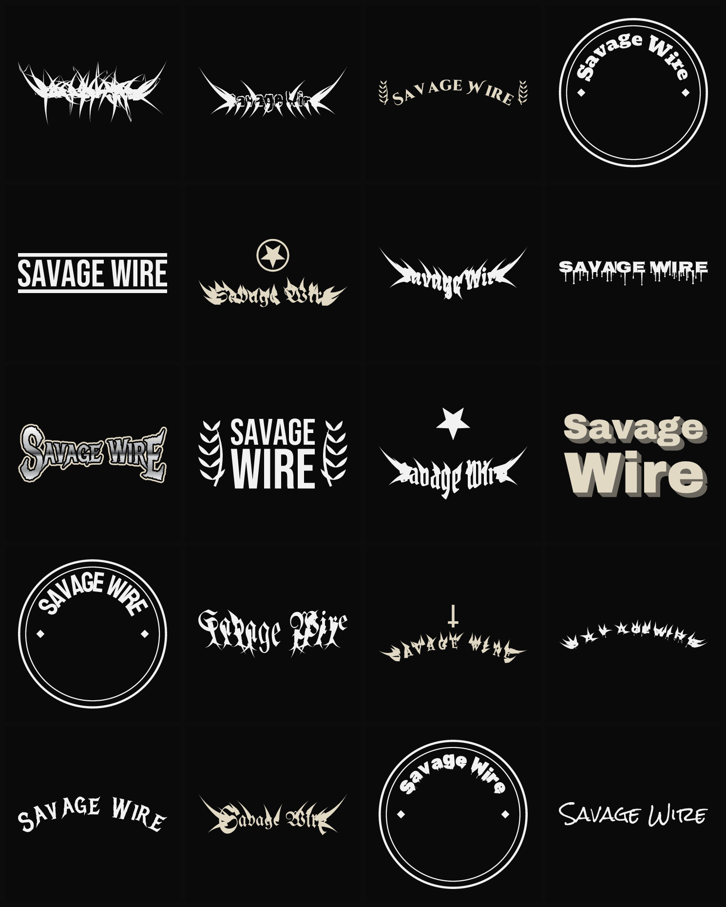 Twenty Savage Wire band logo ideas — different faces, treatments and spike settings
