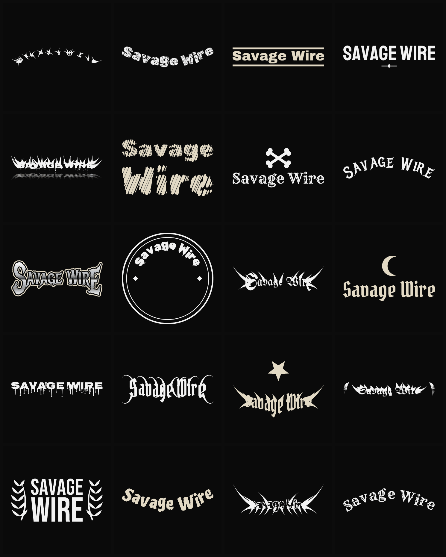 Twenty Savage Wire band logo ideas — different faces, treatments and spike settings