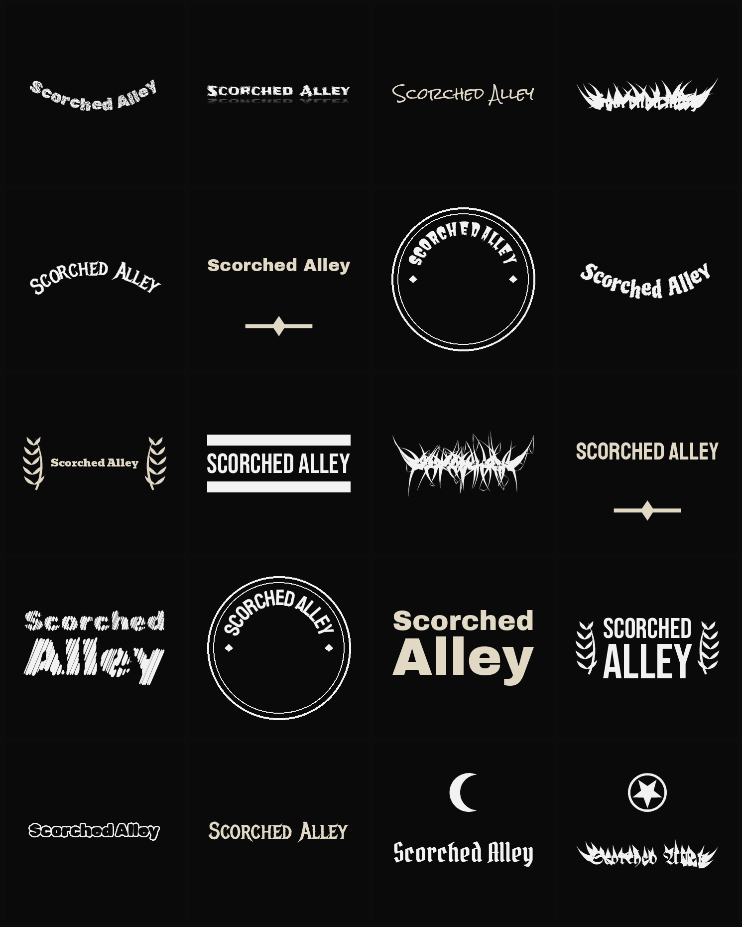 Twenty Scorched Alley band logo ideas — different faces, treatments and spike settings
