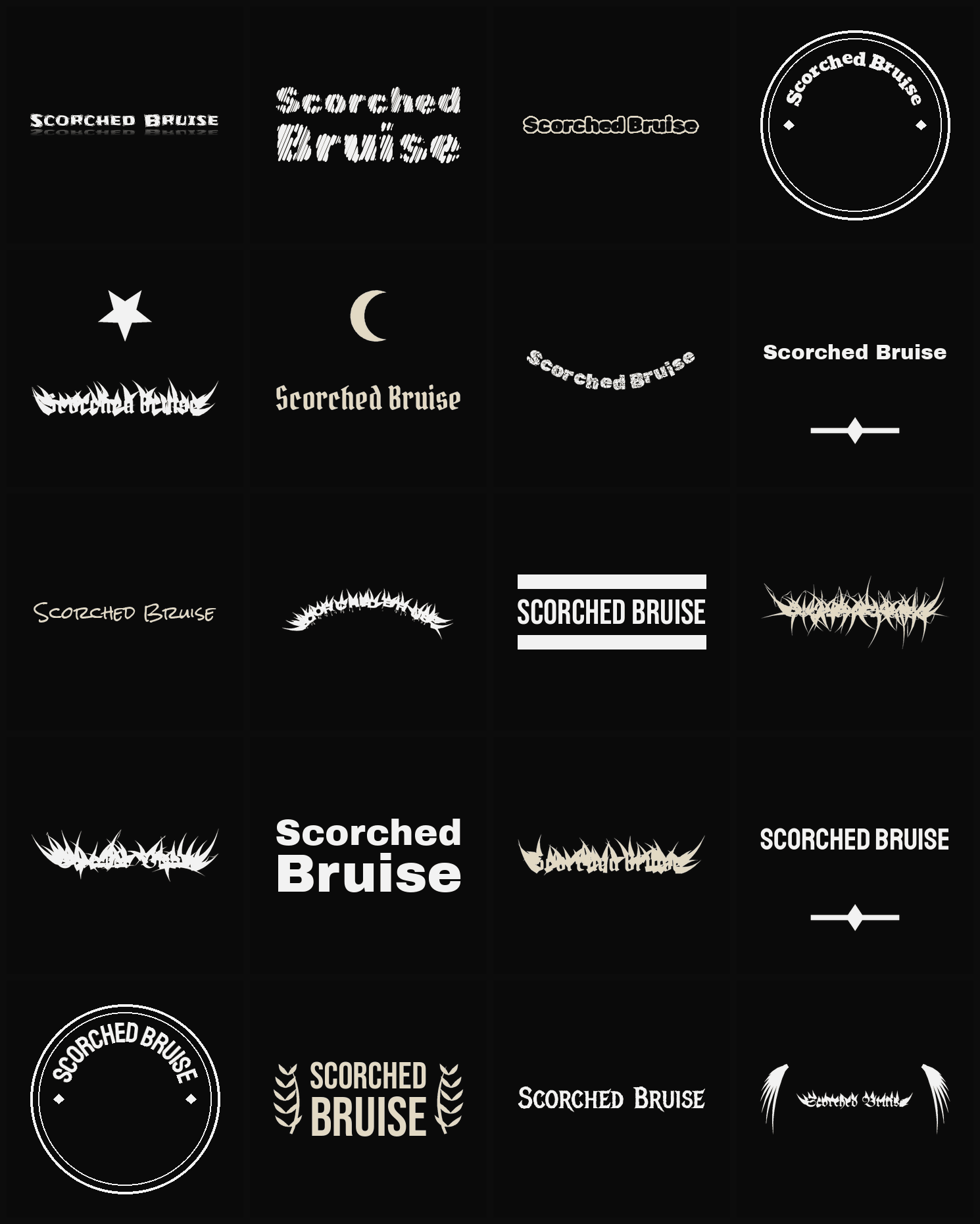 Twenty Scorched Bruise band logo ideas — different faces, treatments and spike settings