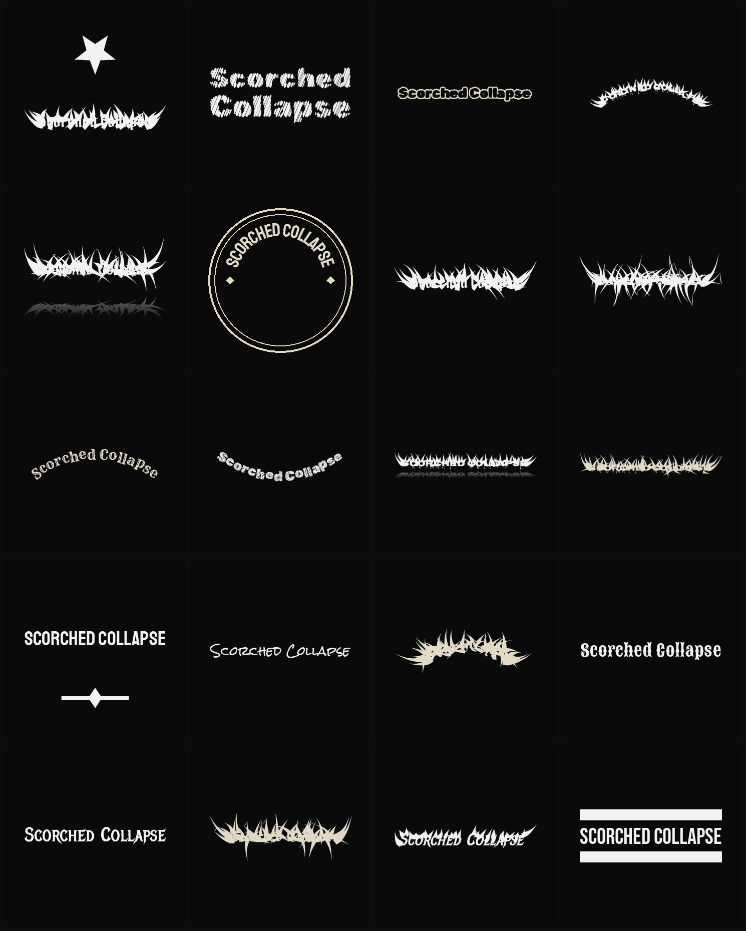 Twenty Scorched Collapse band logo ideas — different faces, treatments and spike settings