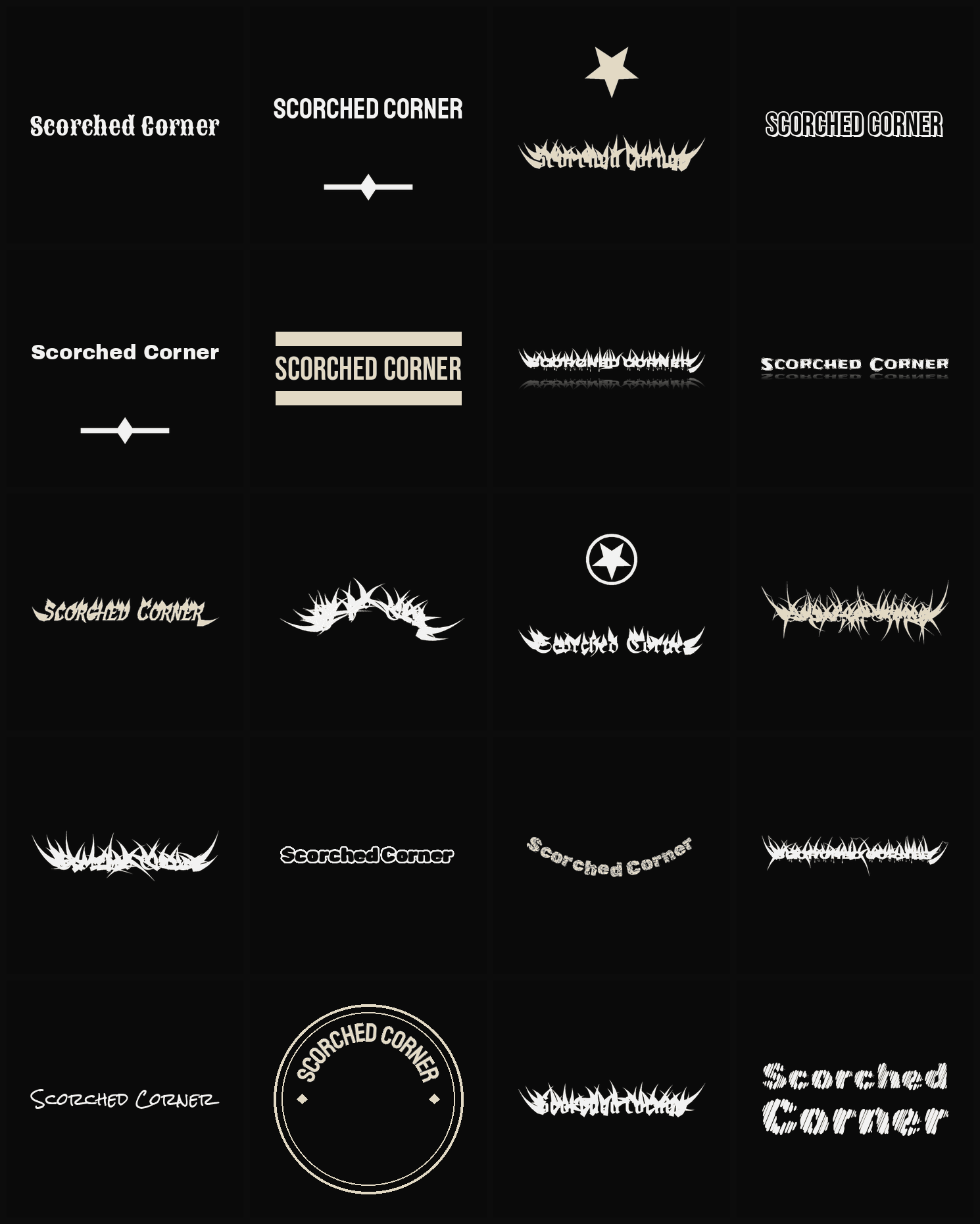 Twenty Scorched Corner band logo ideas — different faces, treatments and spike settings