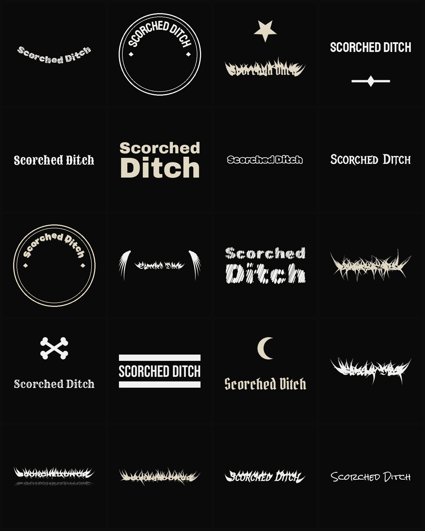 Twenty Scorched Ditch band logo ideas — different faces, treatments and spike settings
