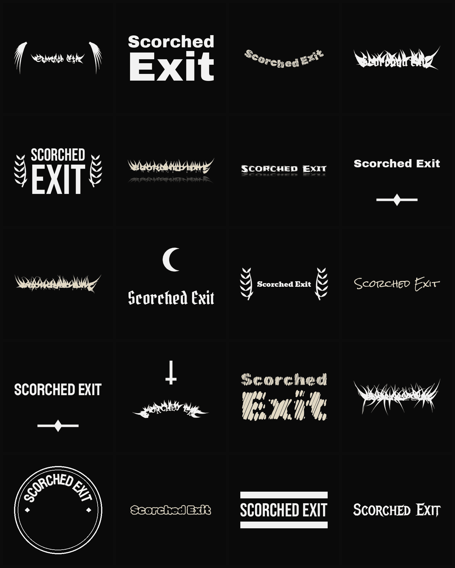 Twenty Scorched Exit band logo ideas — different faces, treatments and spike settings