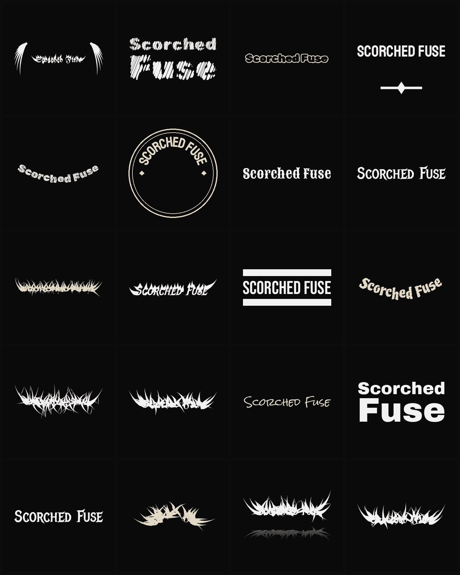 Twenty Scorched Fuse band logo ideas — different faces, treatments and spike settings