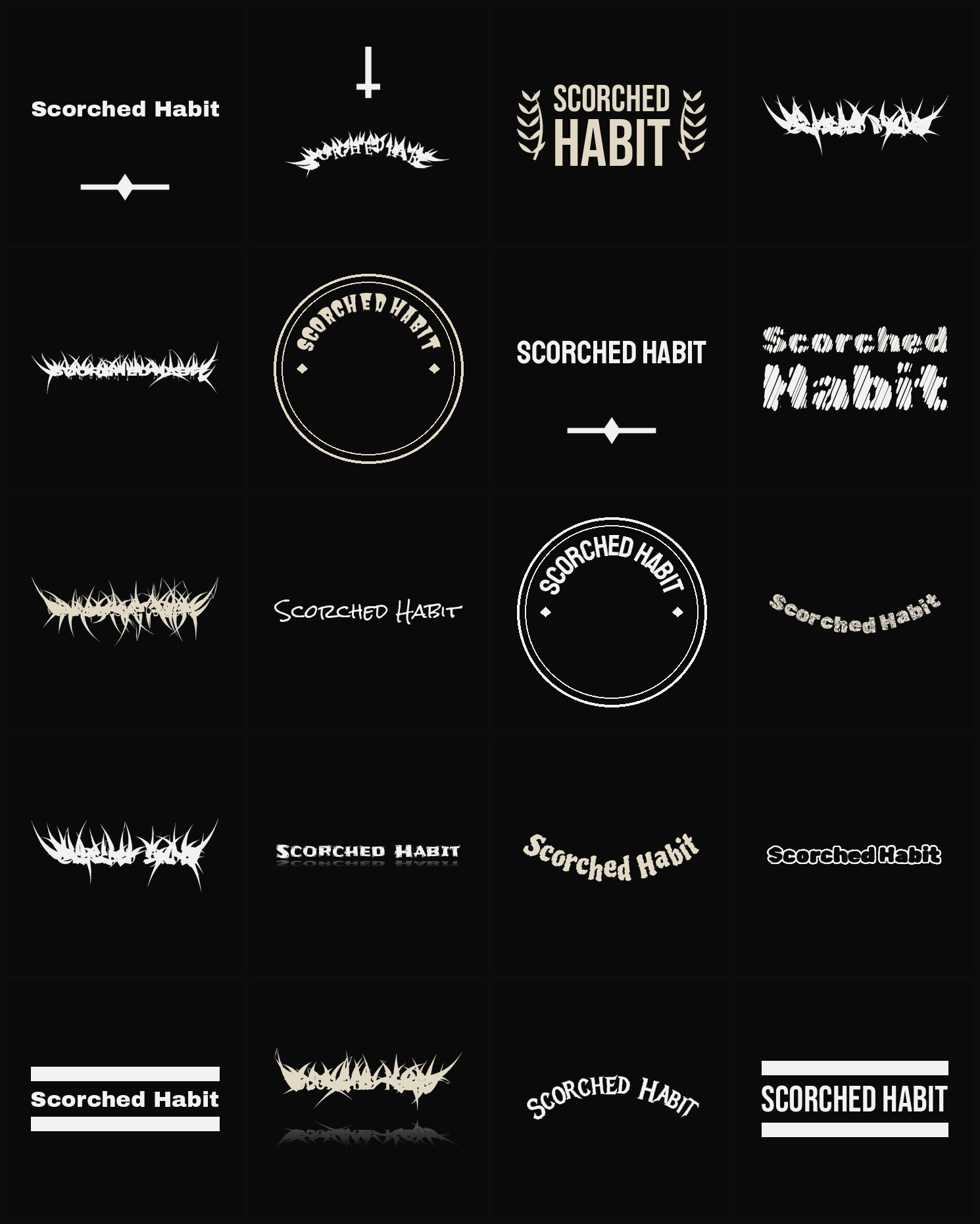 Twenty Scorched Habit band logo ideas — different faces, treatments and spike settings
