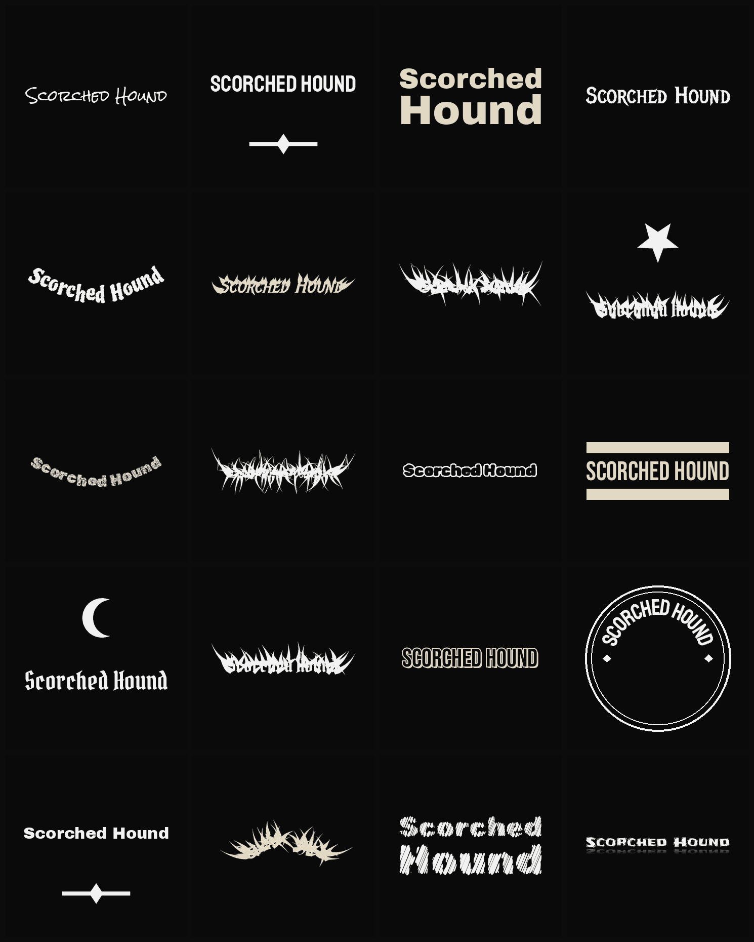 Twenty Scorched Hound band logo ideas — different faces, treatments and spike settings