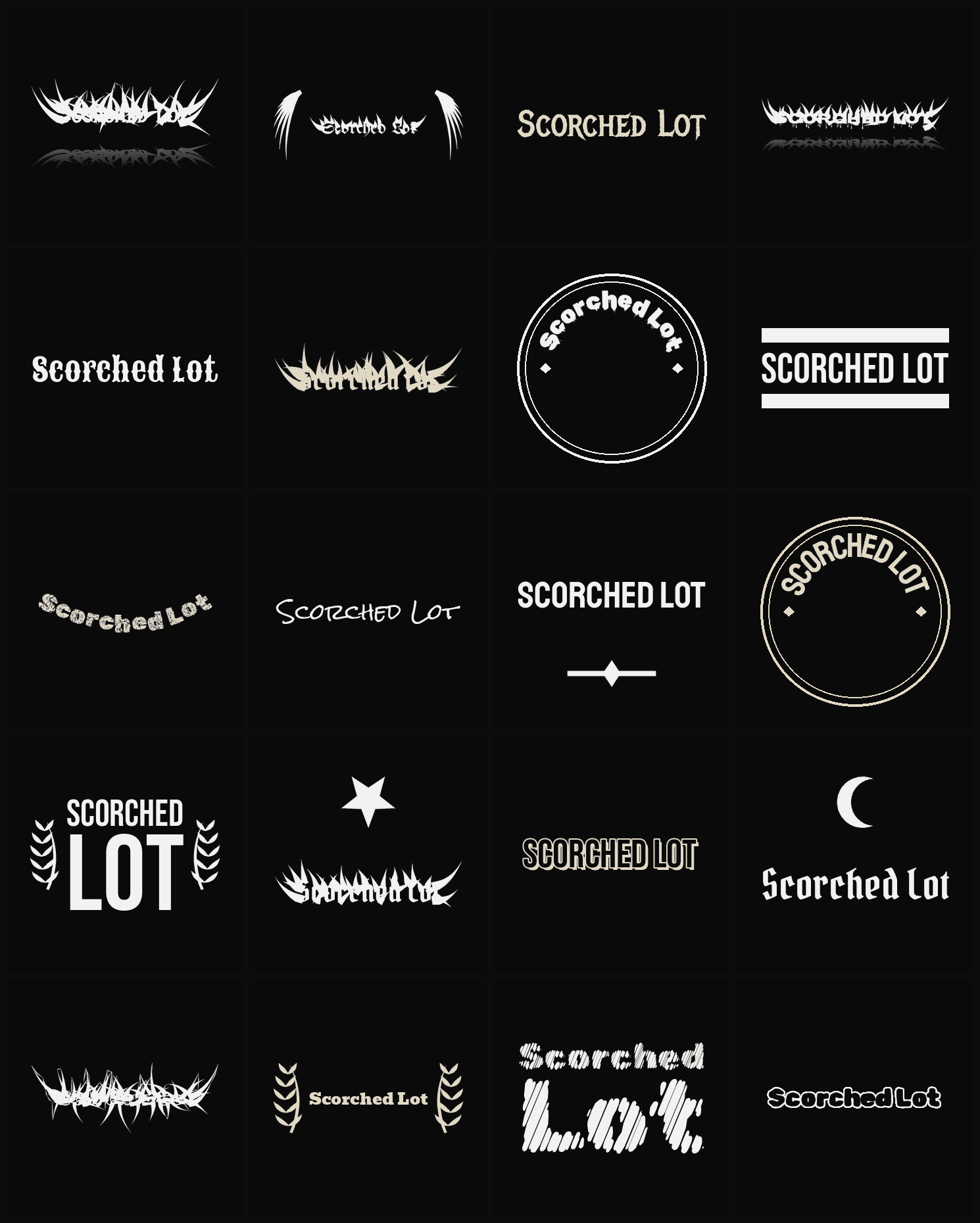 Twenty Scorched Lot band logo ideas — different faces, treatments and spike settings