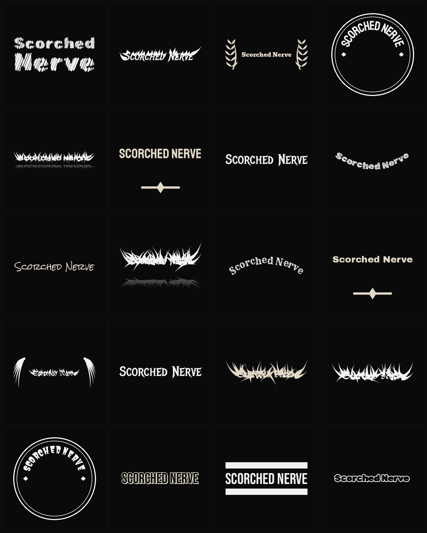 Twenty Scorched Nerve band logo ideas — different faces, treatments and spike settings