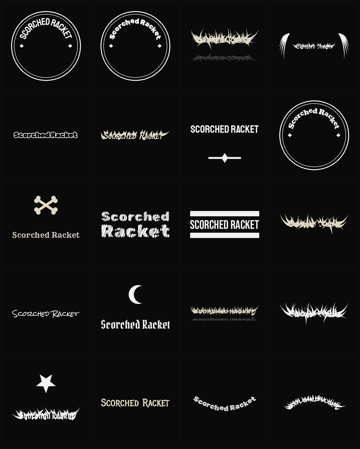 Twenty Scorched Racket band logo ideas — different faces, treatments and spike settings