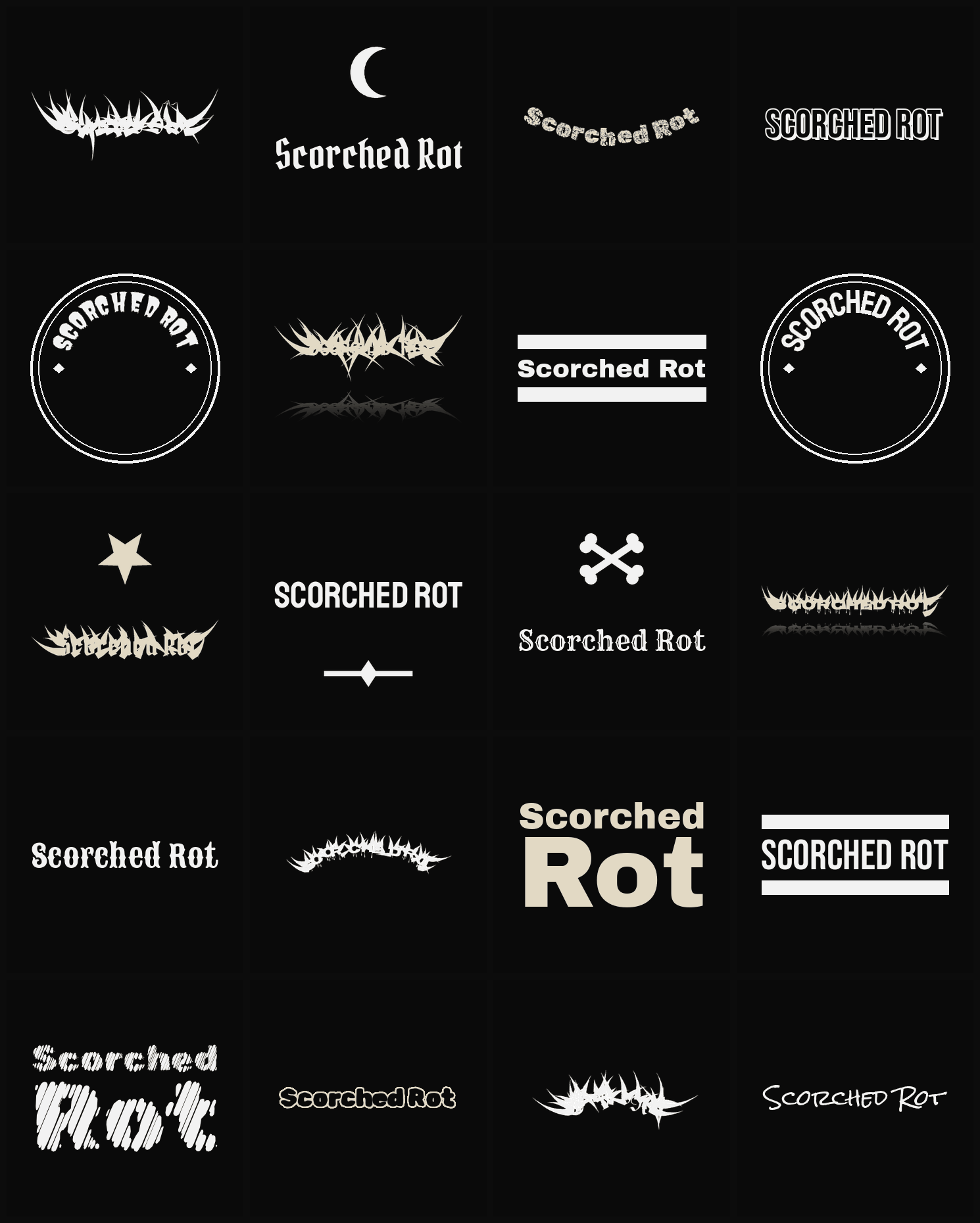 Twenty Scorched Rot band logo ideas — different faces, treatments and spike settings