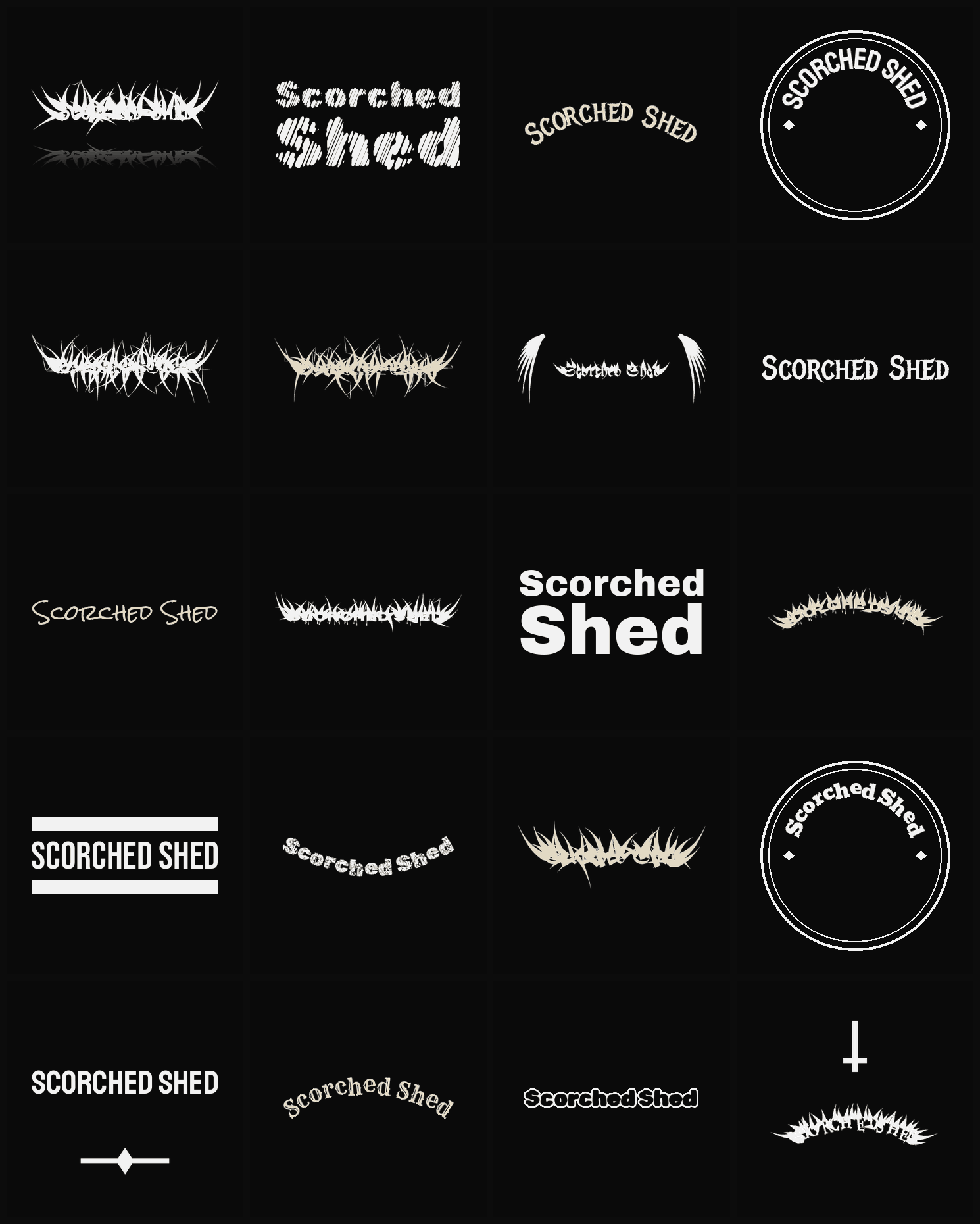 Twenty Scorched Shed band logo ideas — different faces, treatments and spike settings