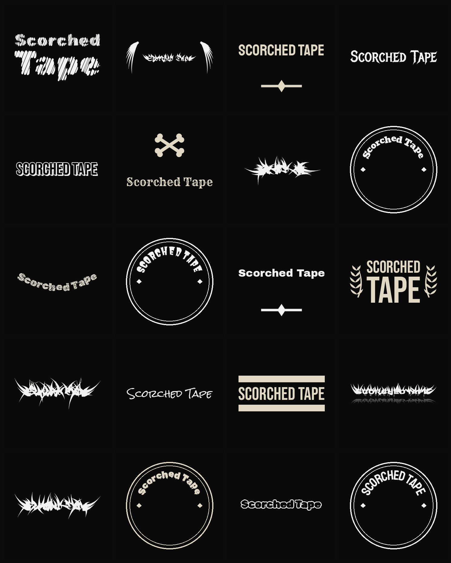 Twenty Scorched Tape band logo ideas — different faces, treatments and spike settings