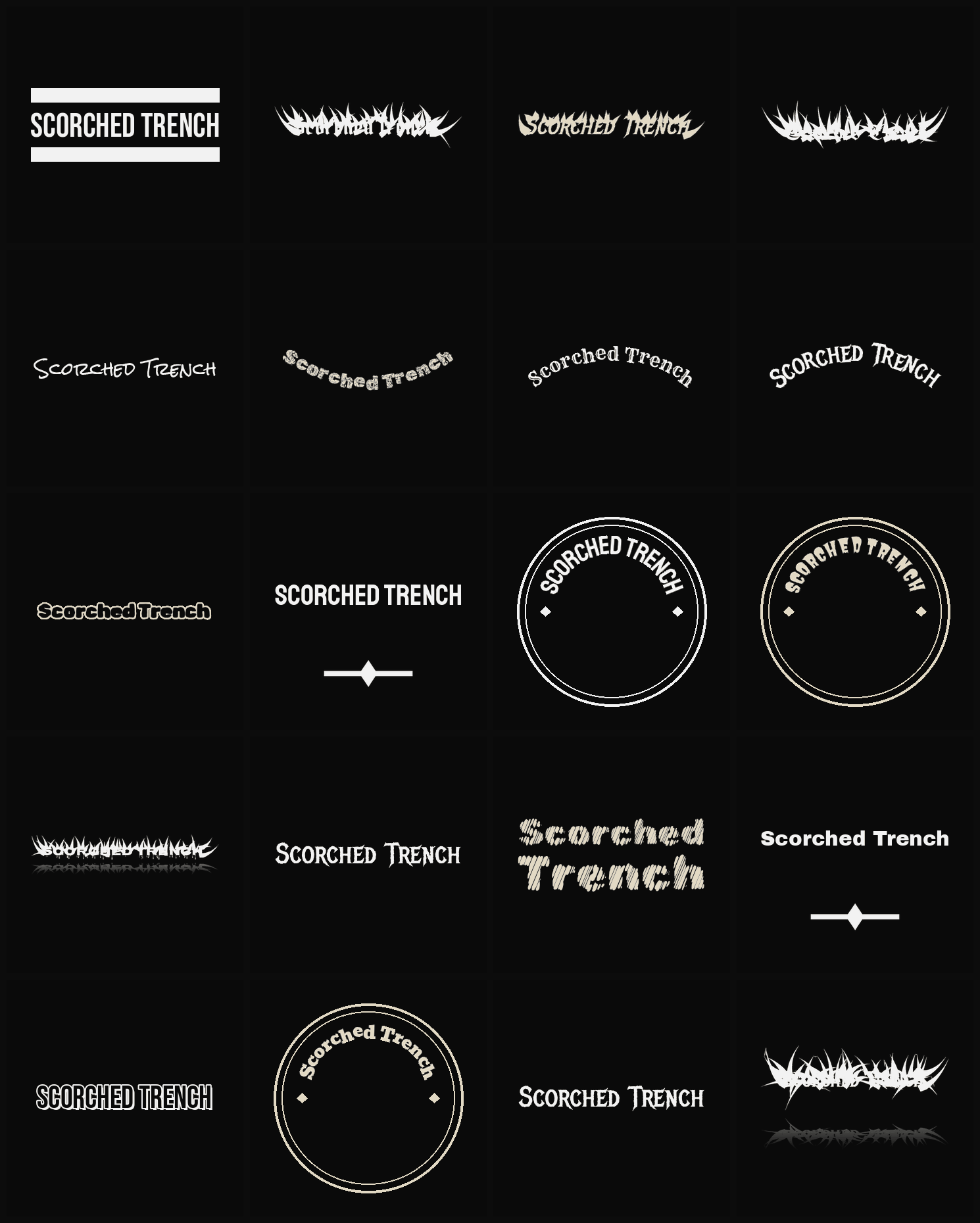 Twenty Scorched Trench band logo ideas — different faces, treatments and spike settings
