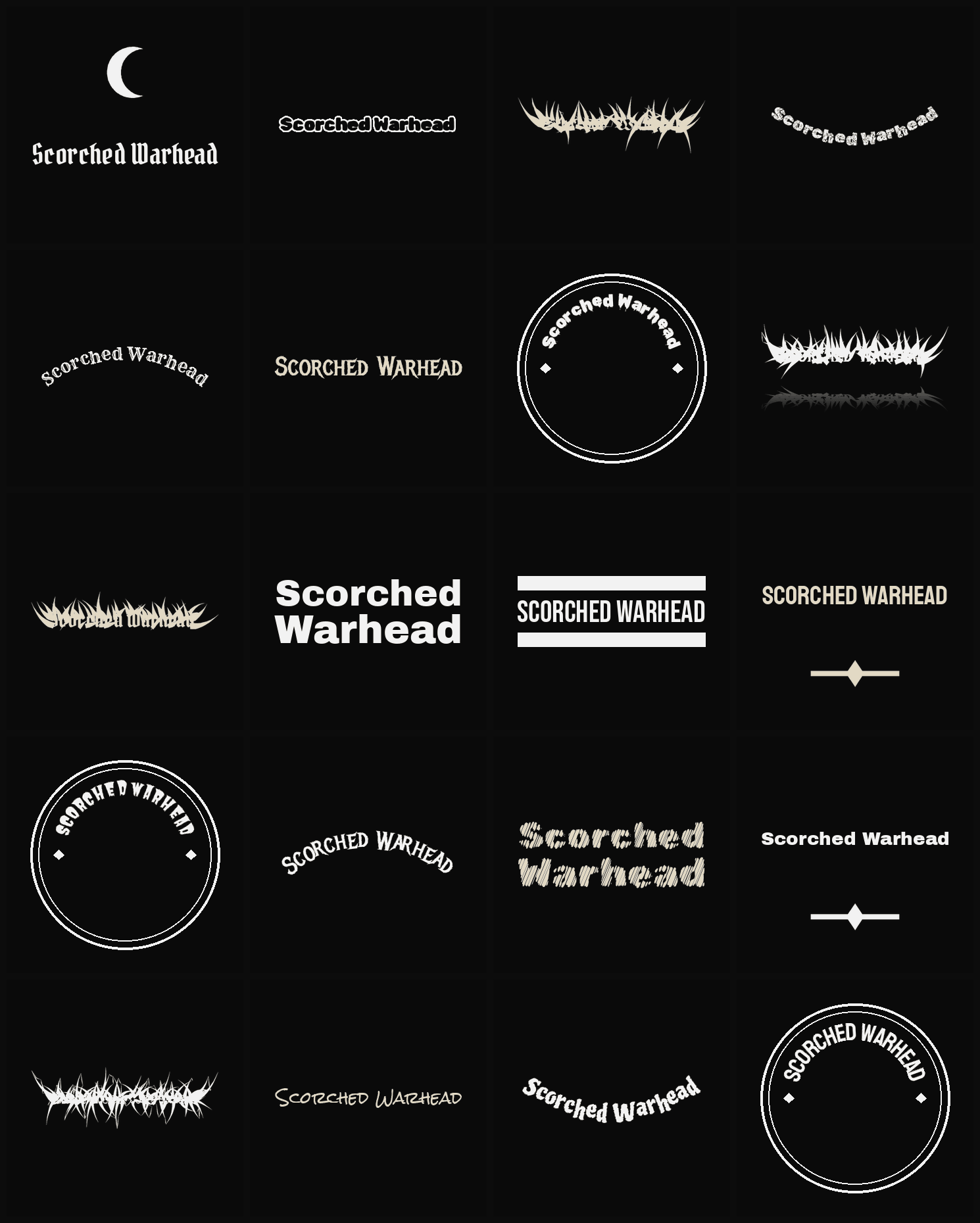 Twenty Scorched Warhead band logo ideas — different faces, treatments and spike settings