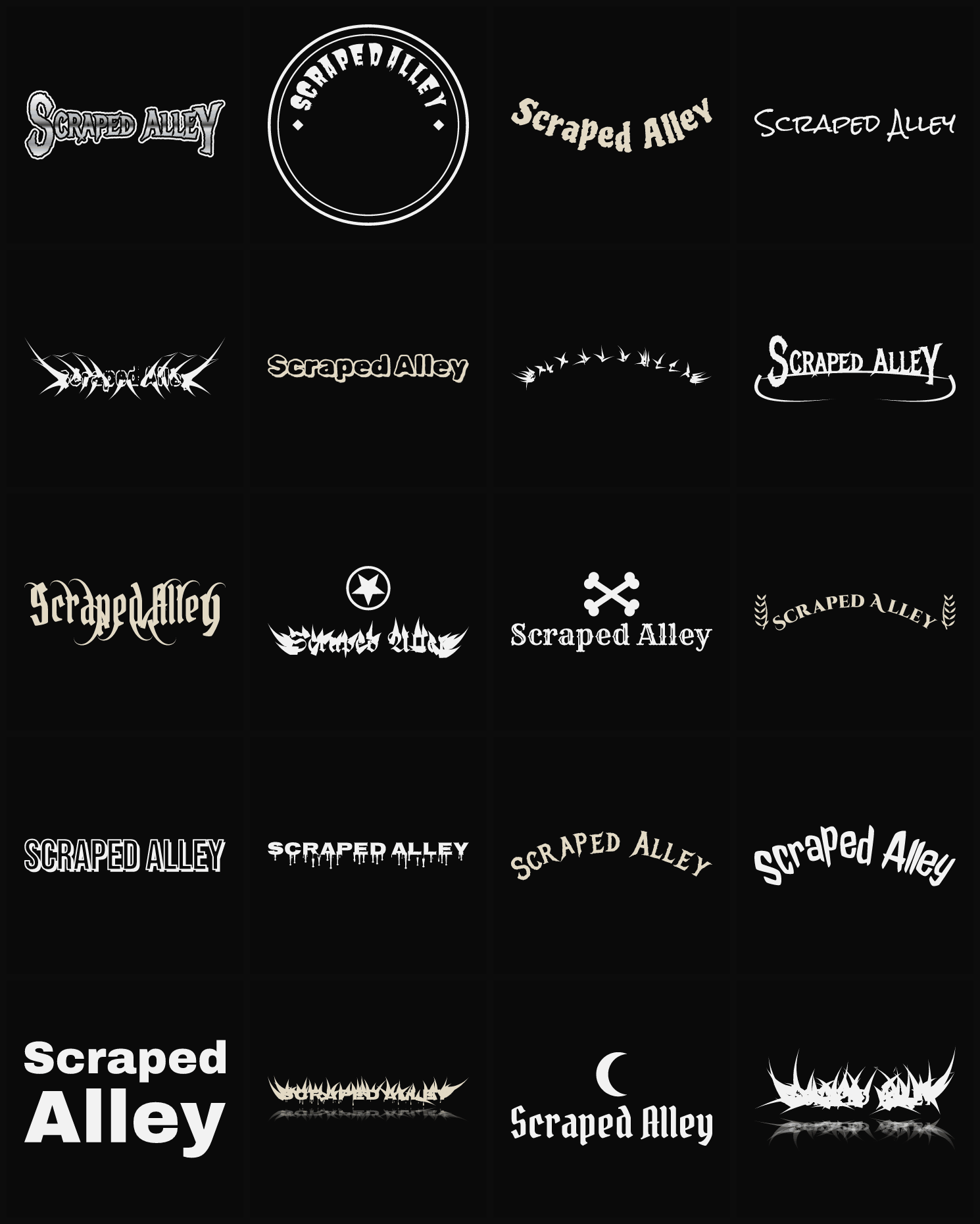 Twenty Scraped Alley band logo ideas — different faces, treatments and spike settings