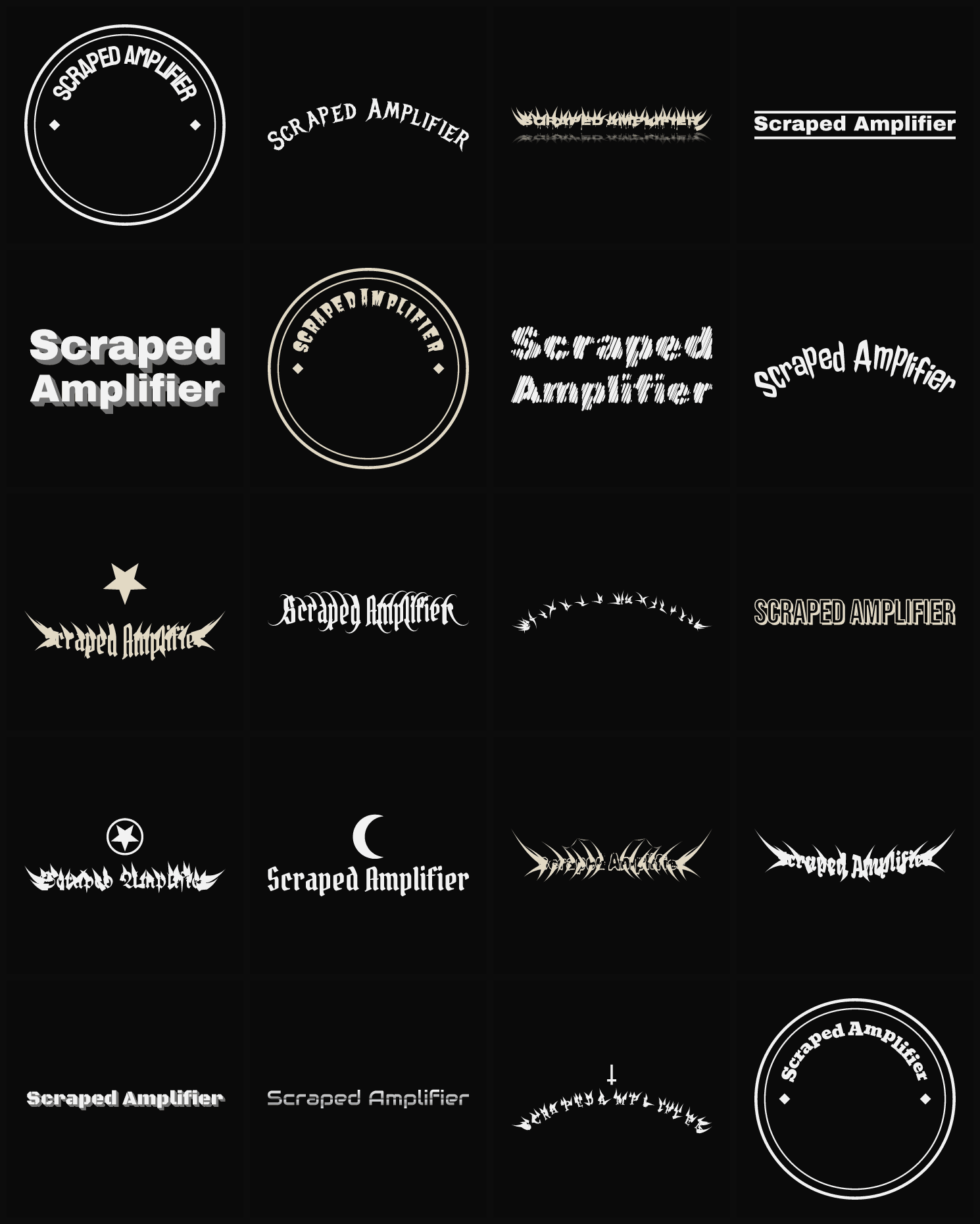 Twenty Scraped Amplifier band logo ideas — different faces, treatments and spike settings