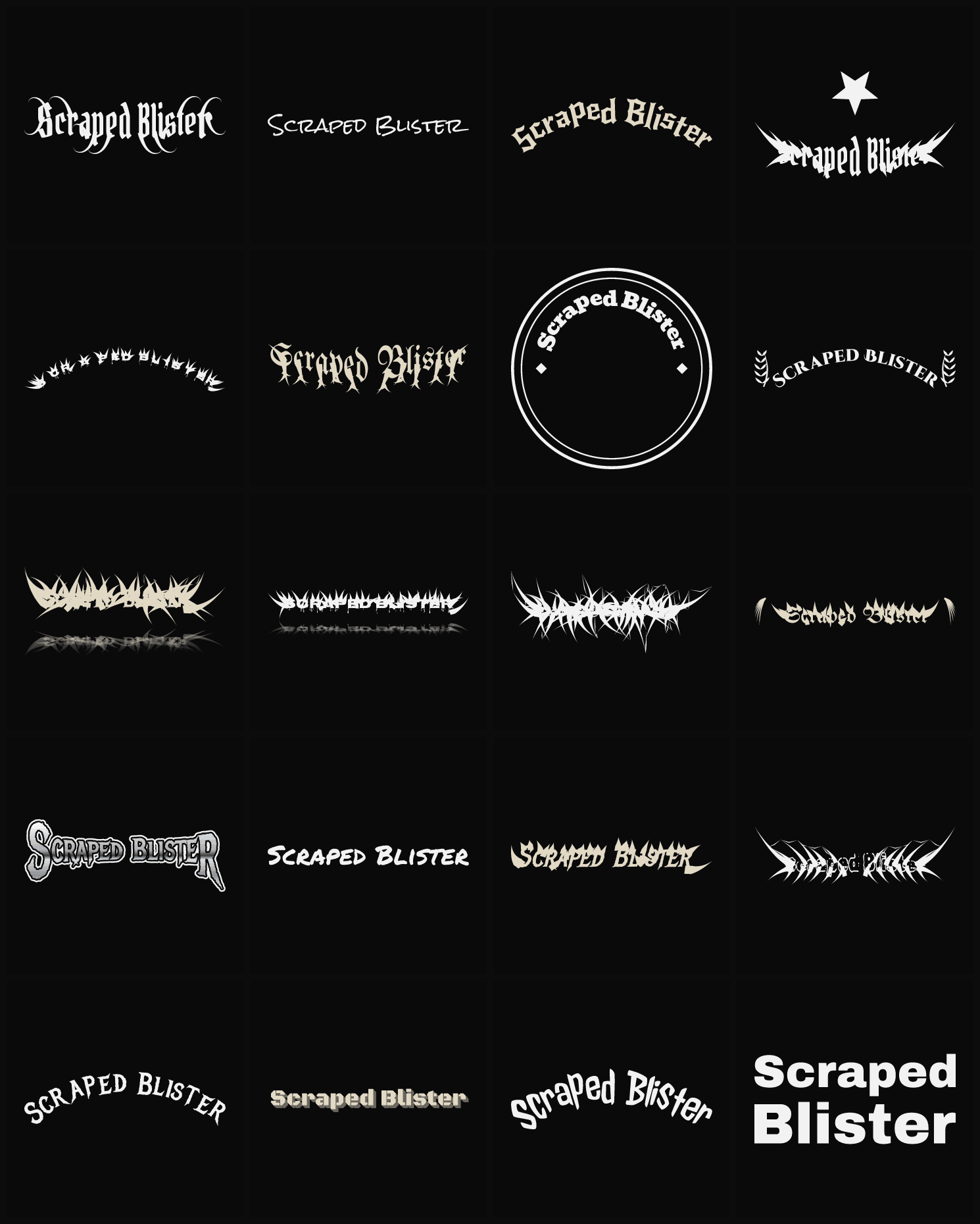 Twenty Scraped Blister band logo ideas — different faces, treatments and spike settings