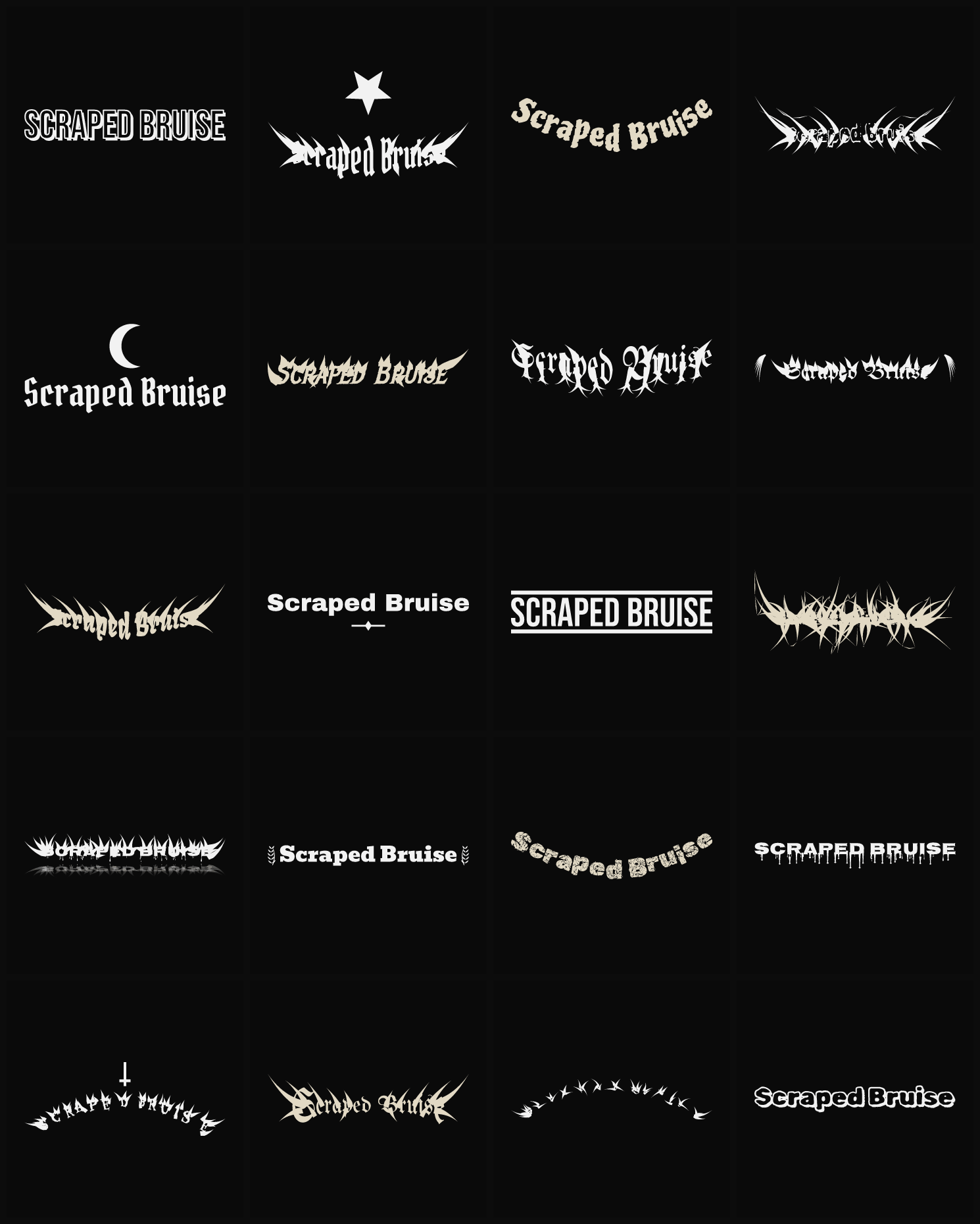 Twenty Scraped Bruise band logo ideas — different faces, treatments and spike settings
