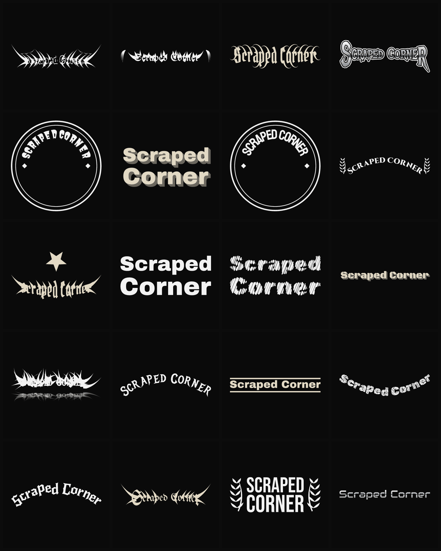 Twenty Scraped Corner band logo ideas — different faces, treatments and spike settings