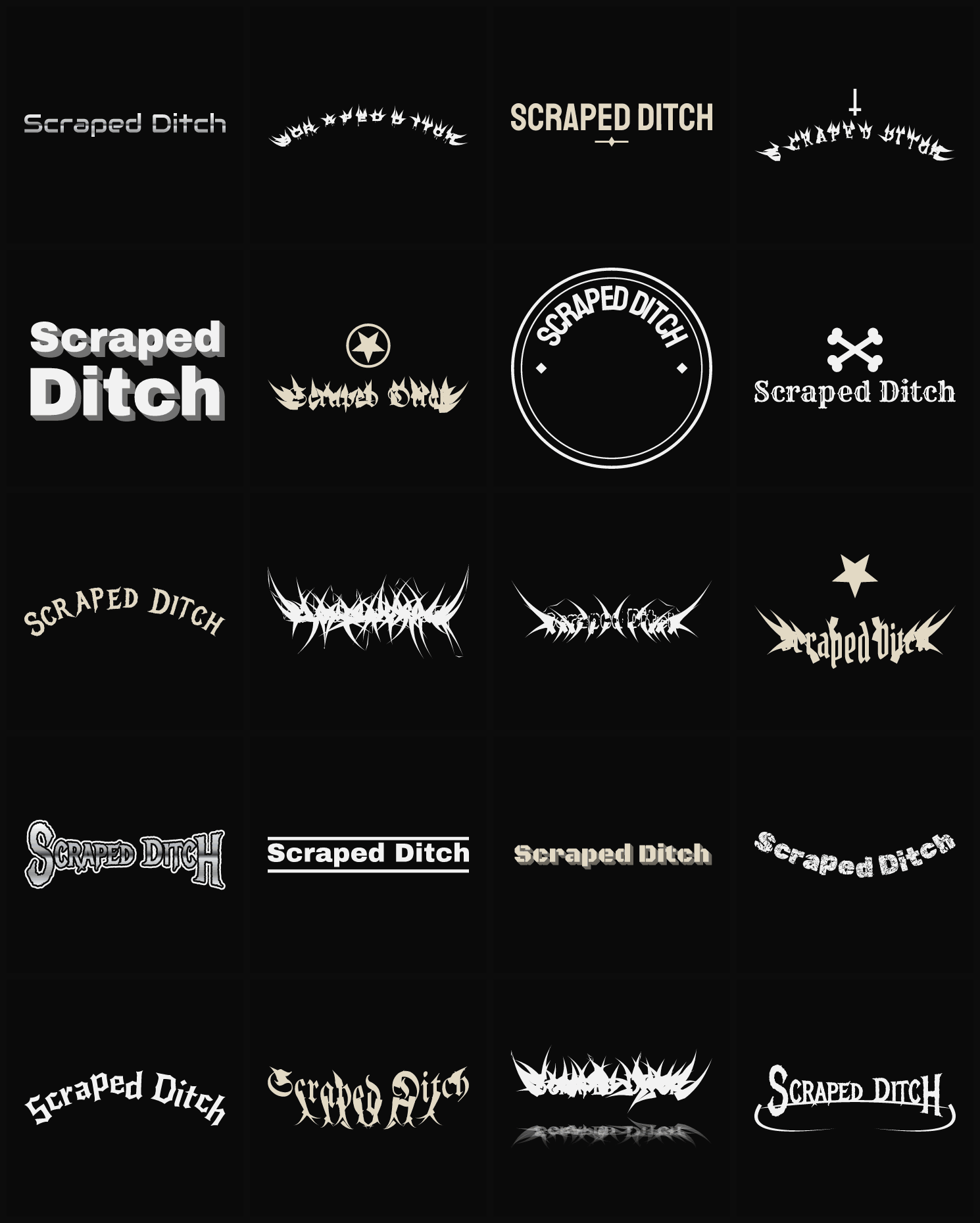 Twenty Scraped Ditch band logo ideas — different faces, treatments and spike settings