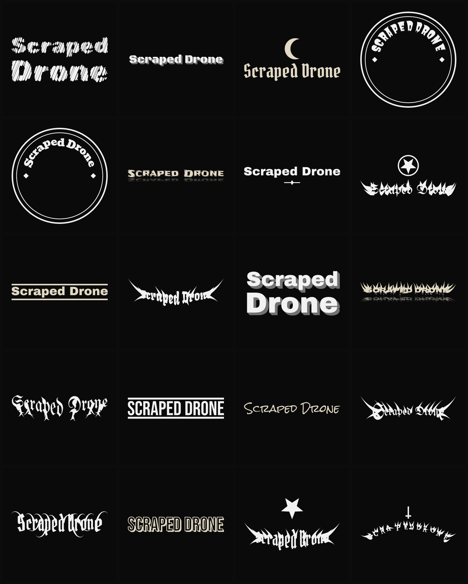 Twenty Scraped Drone band logo ideas — different faces, treatments and spike settings
