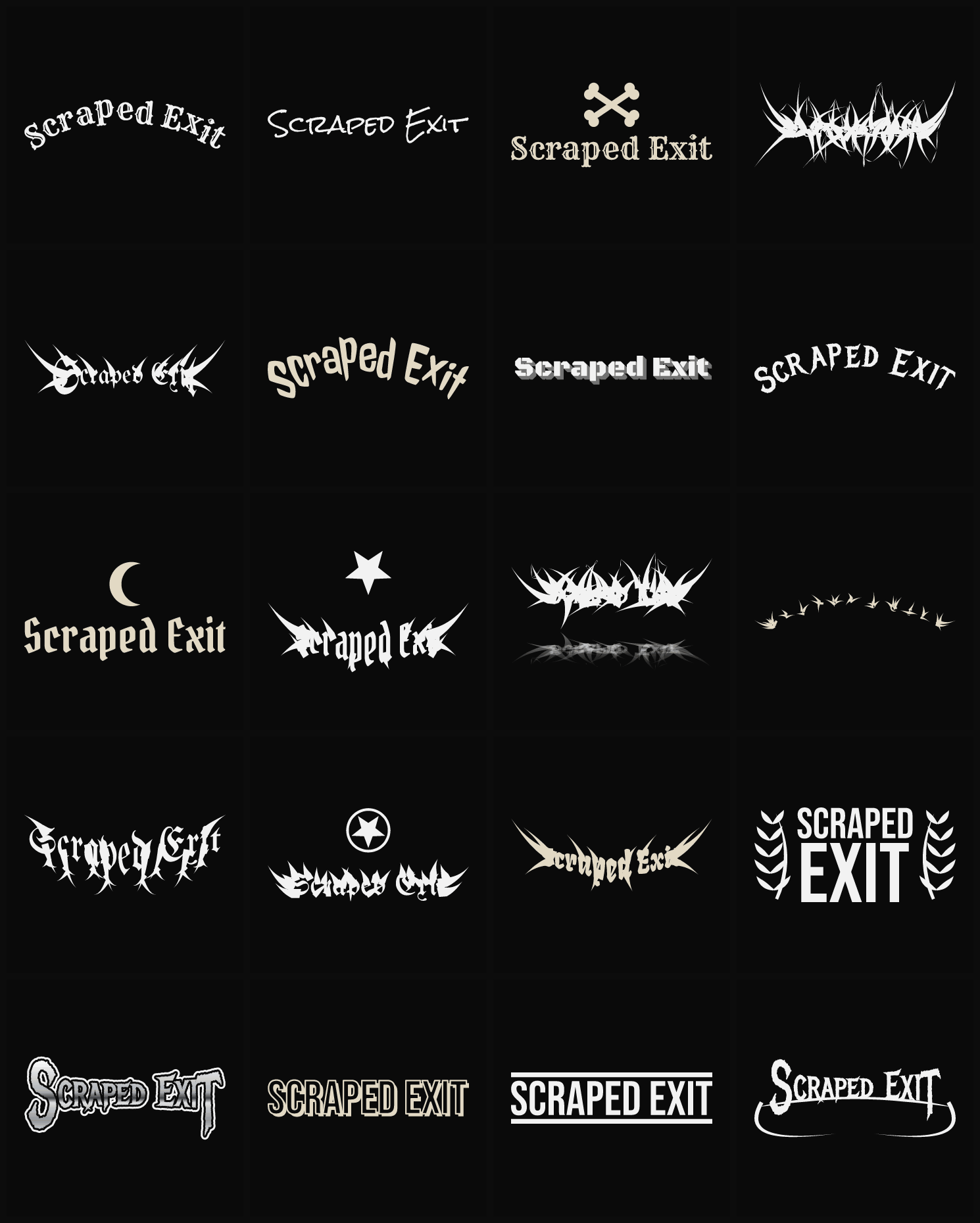 Twenty Scraped Exit band logo ideas — different faces, treatments and spike settings