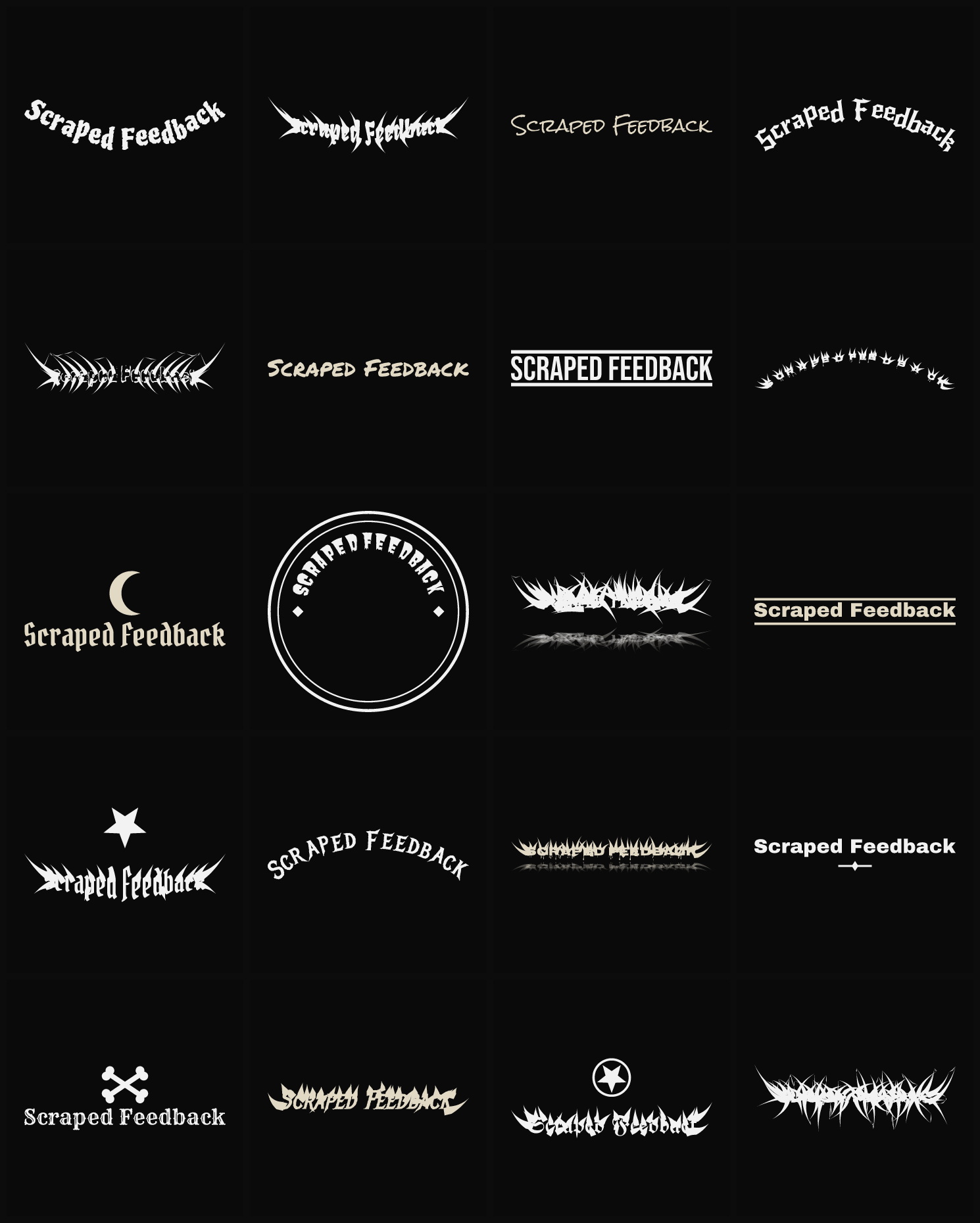 Twenty Scraped Feedback band logo ideas — different faces, treatments and spike settings