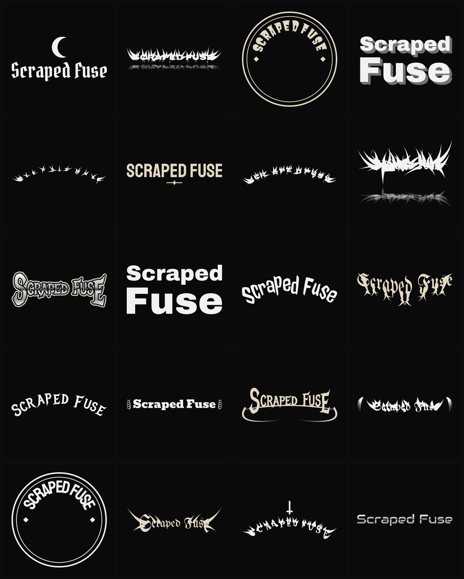 Twenty Scraped Fuse band logo ideas — different faces, treatments and spike settings
