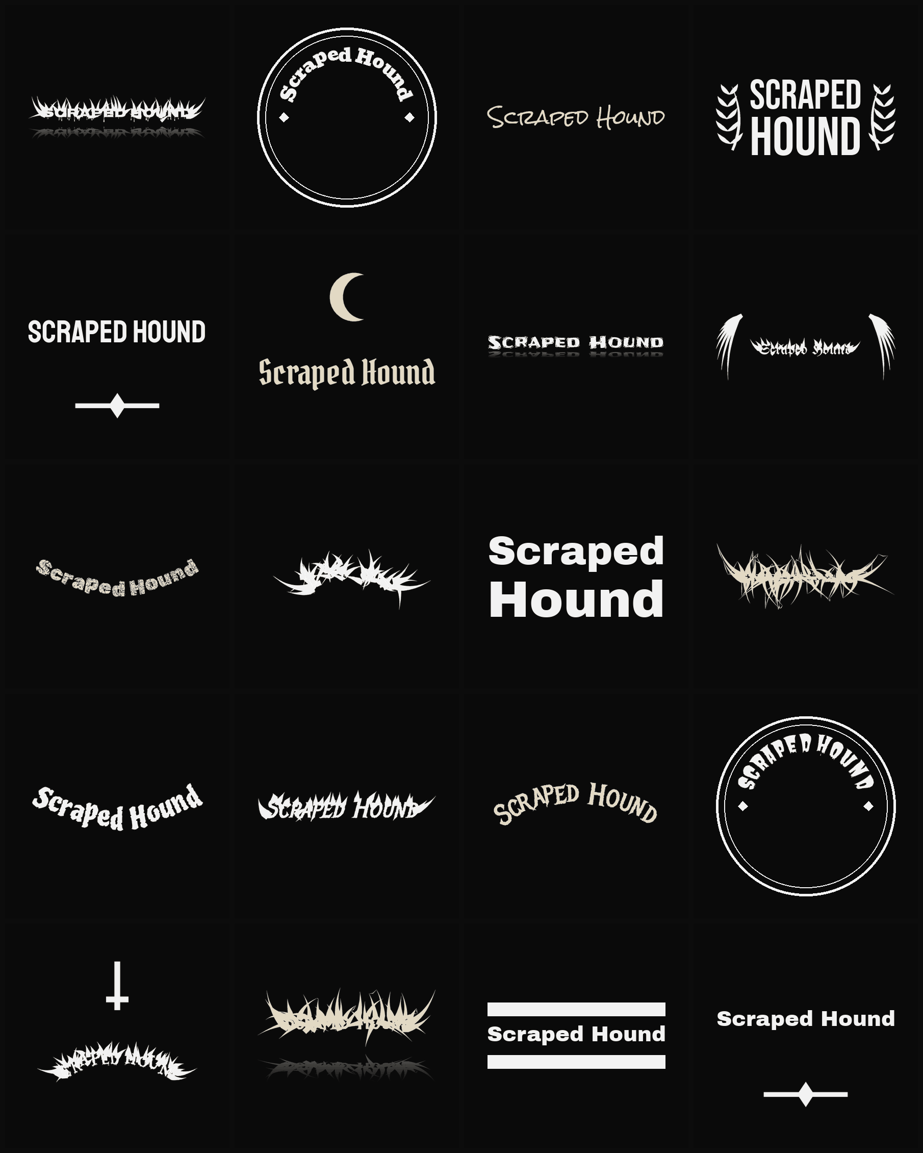 Twenty Scraped Hound band logo ideas — different faces, treatments and spike settings