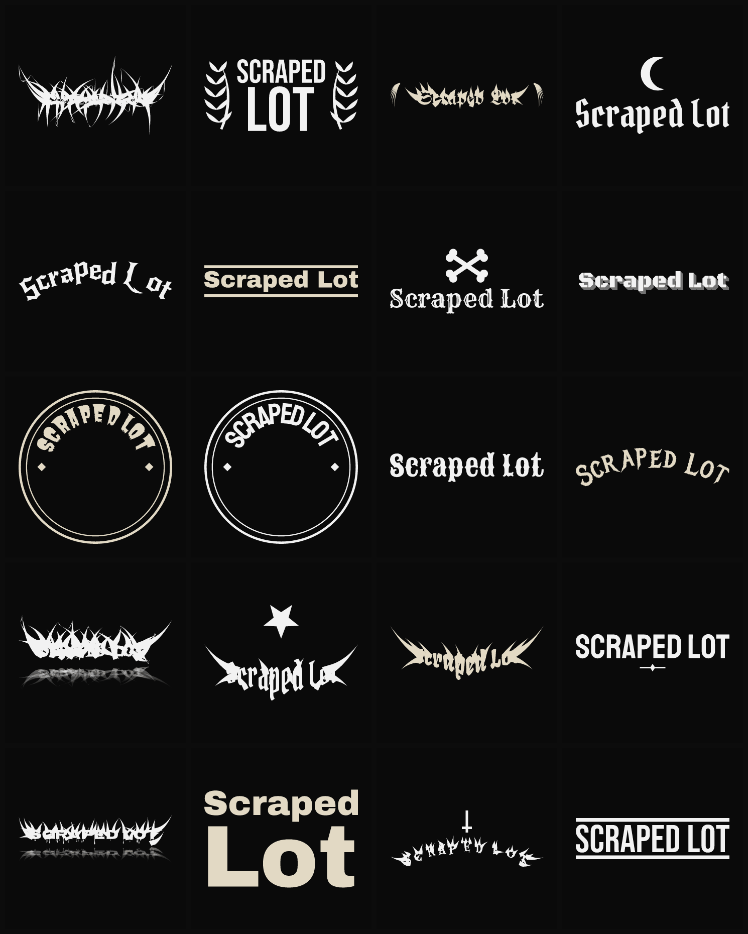 Twenty Scraped Lot band logo ideas — different faces, treatments and spike settings