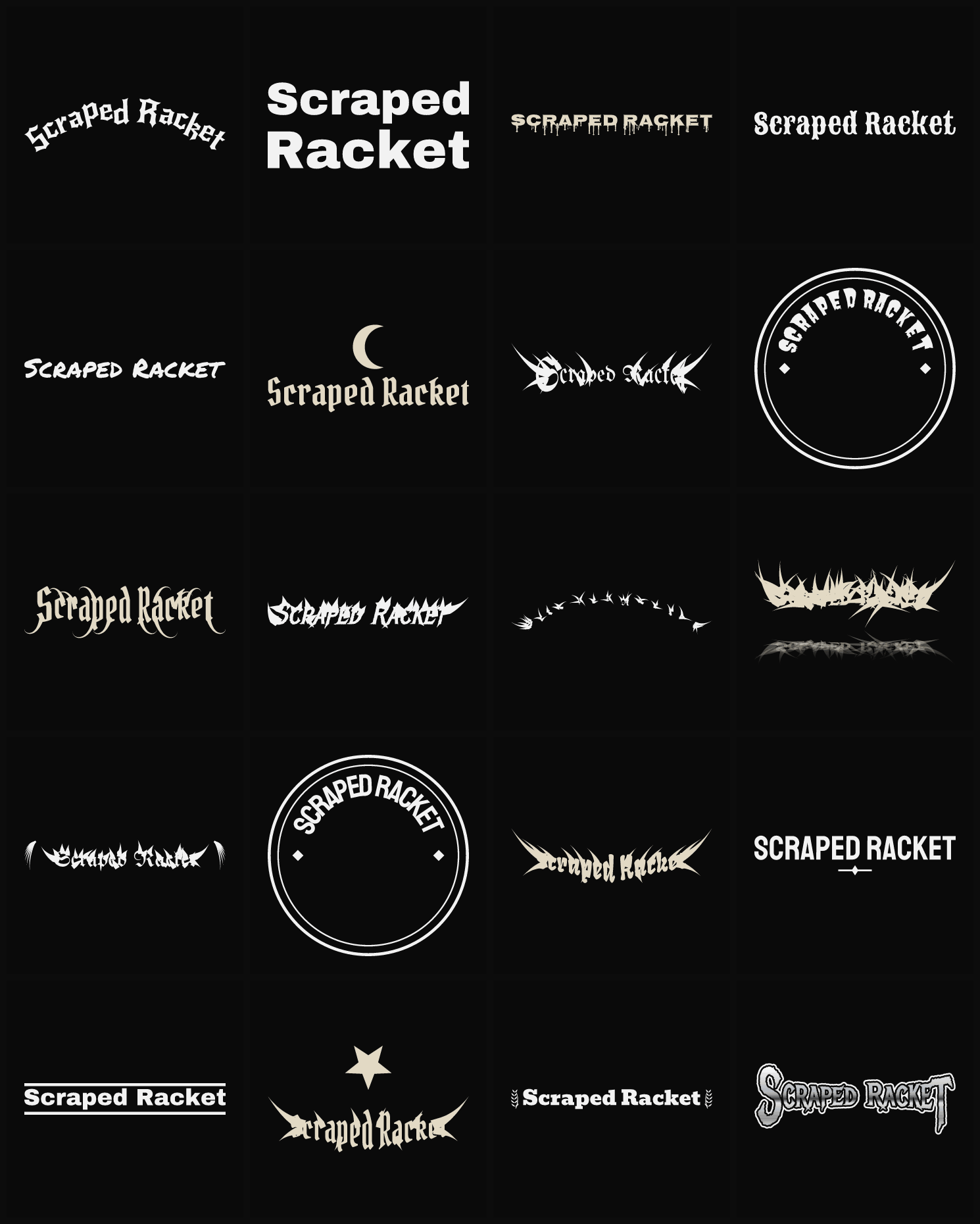 Twenty Scraped Racket band logo ideas — different faces, treatments and spike settings