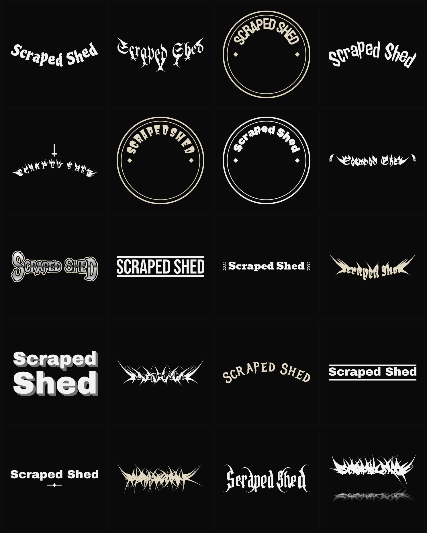 Twenty Scraped Shed band logo ideas — different faces, treatments and spike settings